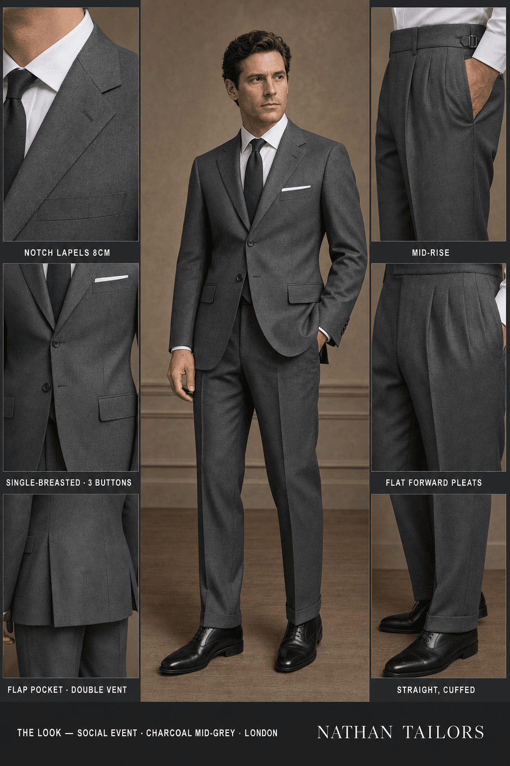 charcoal mid-grey single-breasted bespoke suit — custom tailored by Nathan Tailors, the Hoi An custom tailor