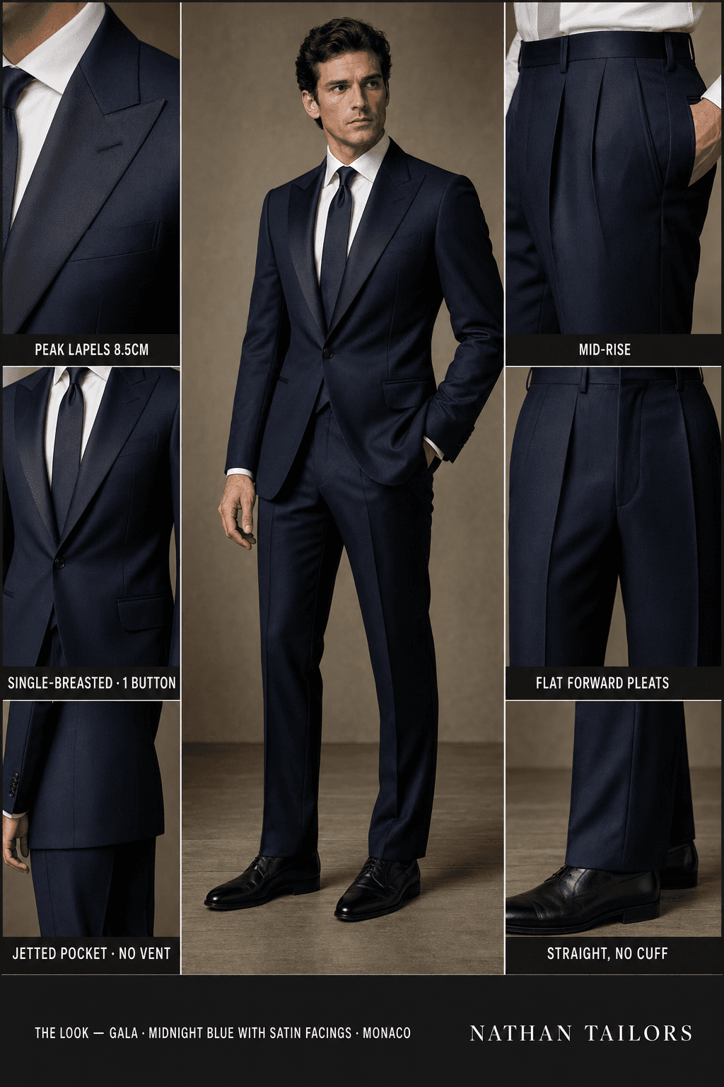 midnight blue with satin facings single-breasted suit — Nathan Tailors Hoi An tailor Atelier render