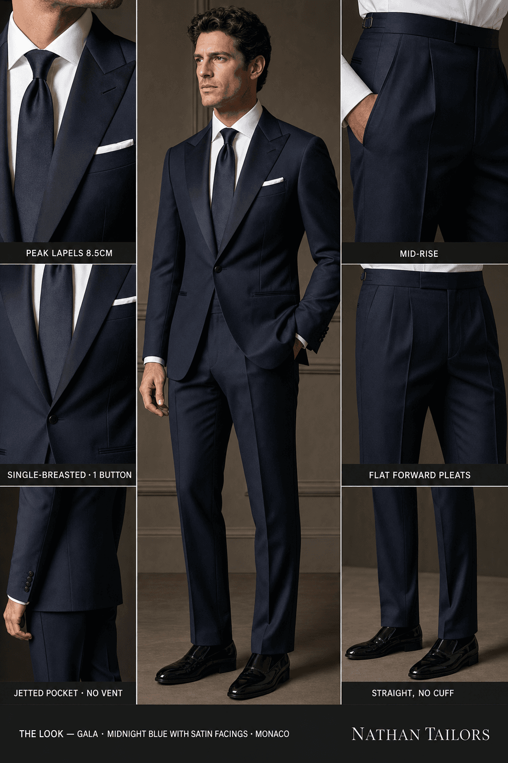 midnight blue with satin facings single-breasted bespoke suit — custom tailored by Nathan Tailors, the Hoi An custom tailor