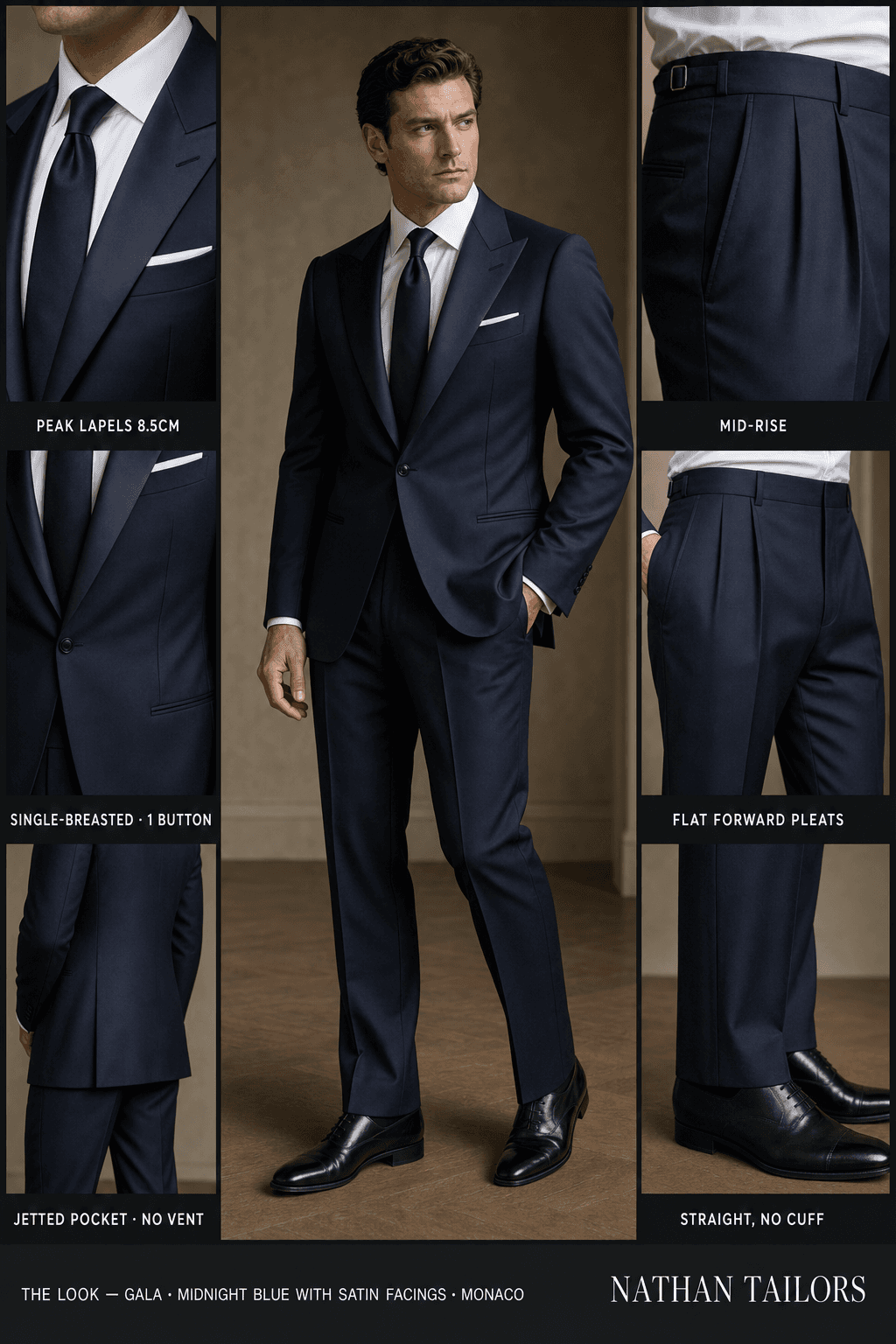 midnight blue with satin facings single-breasted bespoke suit — custom tailored by Nathan Tailors, the Hoi An custom tailor