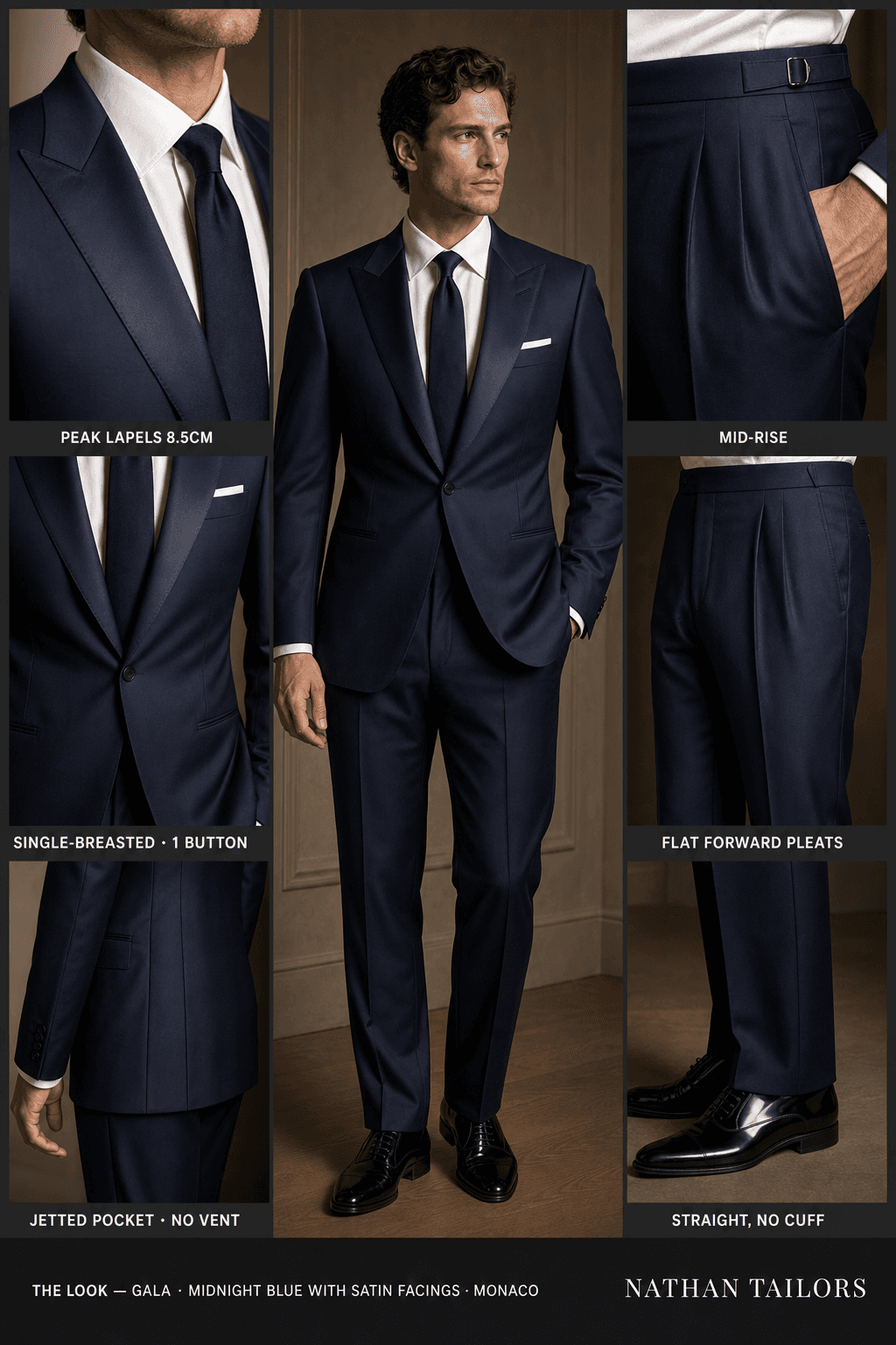 midnight blue with satin facings single-breasted peak-lapel bespoke suit — AI-rendered by Nathan Tailors, the Hoi An custom tailor. Available as a custom tailored suit from $129.