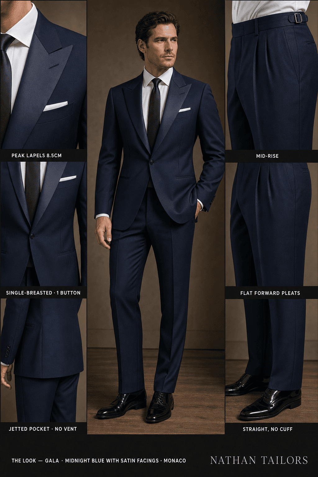 midnight blue with satin facings single-breasted bespoke suit — custom tailored by Nathan Tailors, the Hoi An custom tailor