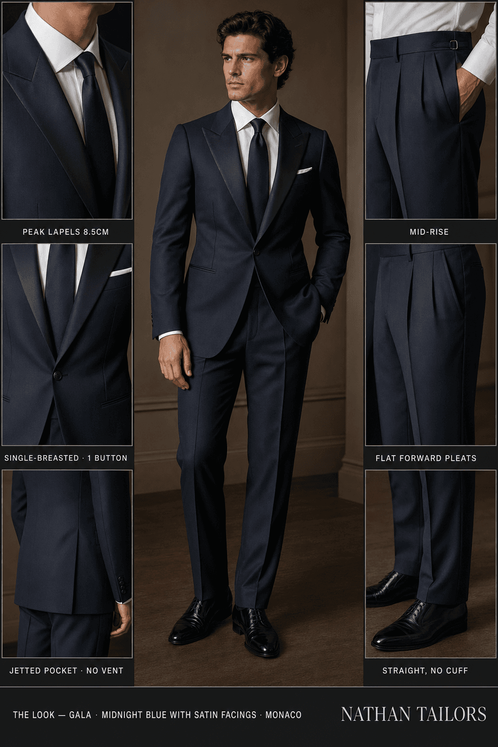 midnight blue with satin facings single-breasted bespoke suit — custom tailored by Nathan Tailors, the Hoi An custom tailor