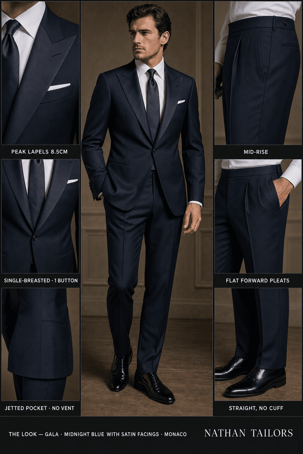 midnight blue with satin facings single-breasted peak-lapel bespoke suit — AI-rendered by Nathan Tailors, the Hoi An custom tailor. Available as a custom tailored suit from $129.