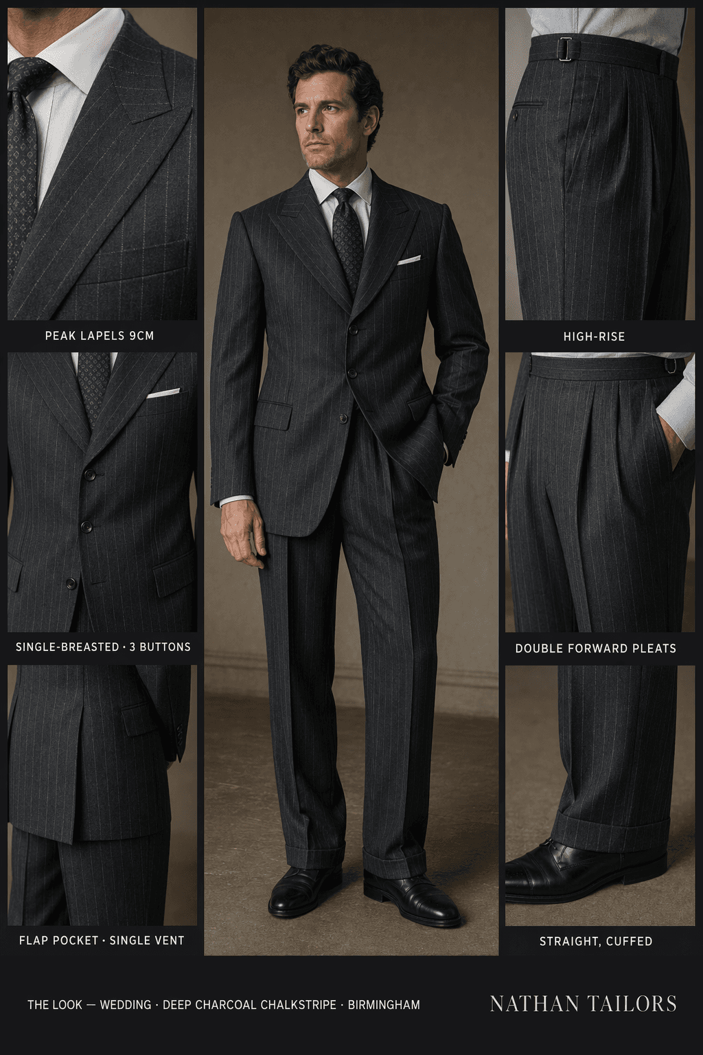 deep charcoal chalkstripe single-breasted suit — Nathan Tailors Hoi An tailor Atelier render