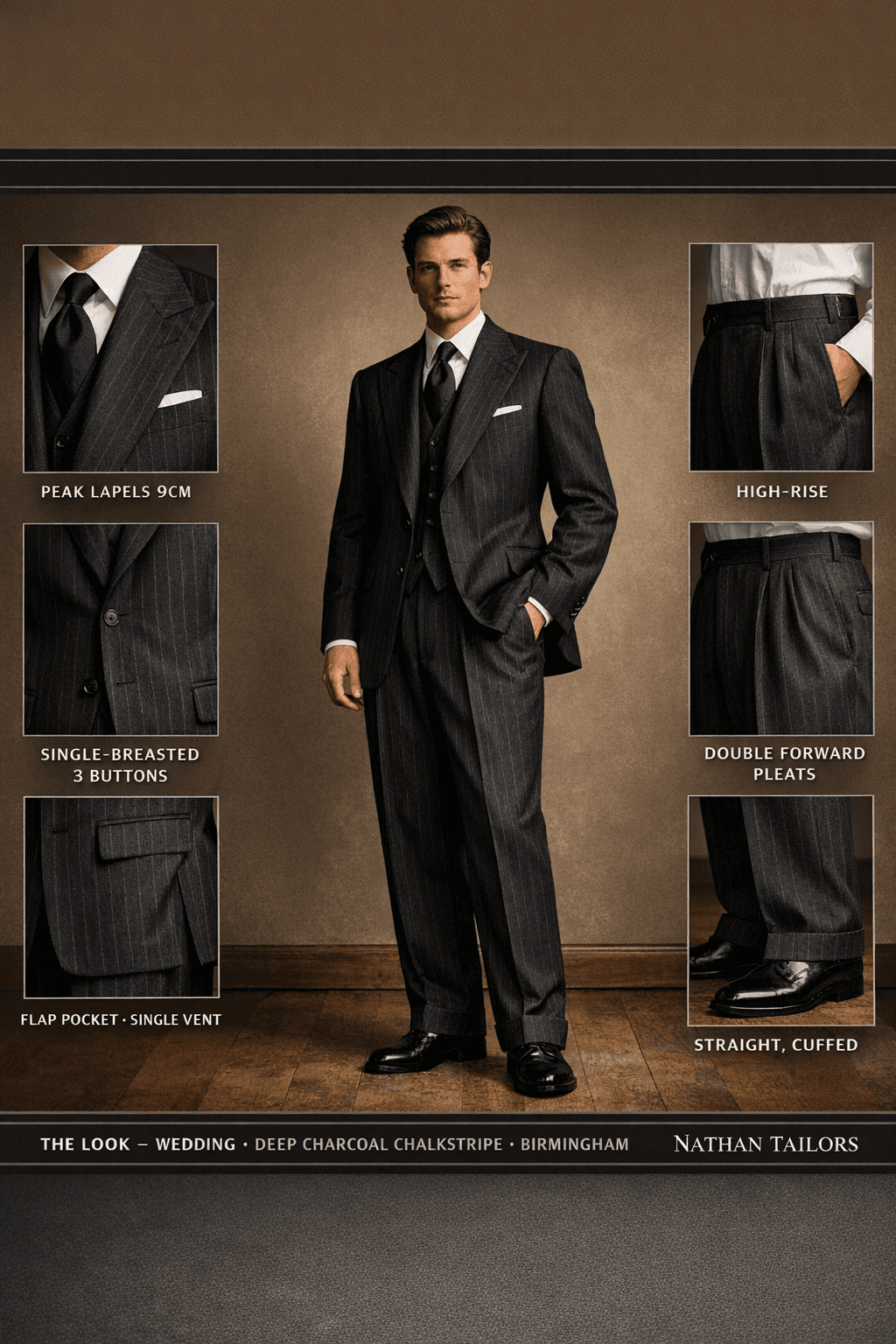 deep charcoal chalkstripe single-breasted suit — Nathan Tailors Hoi An tailor Atelier render