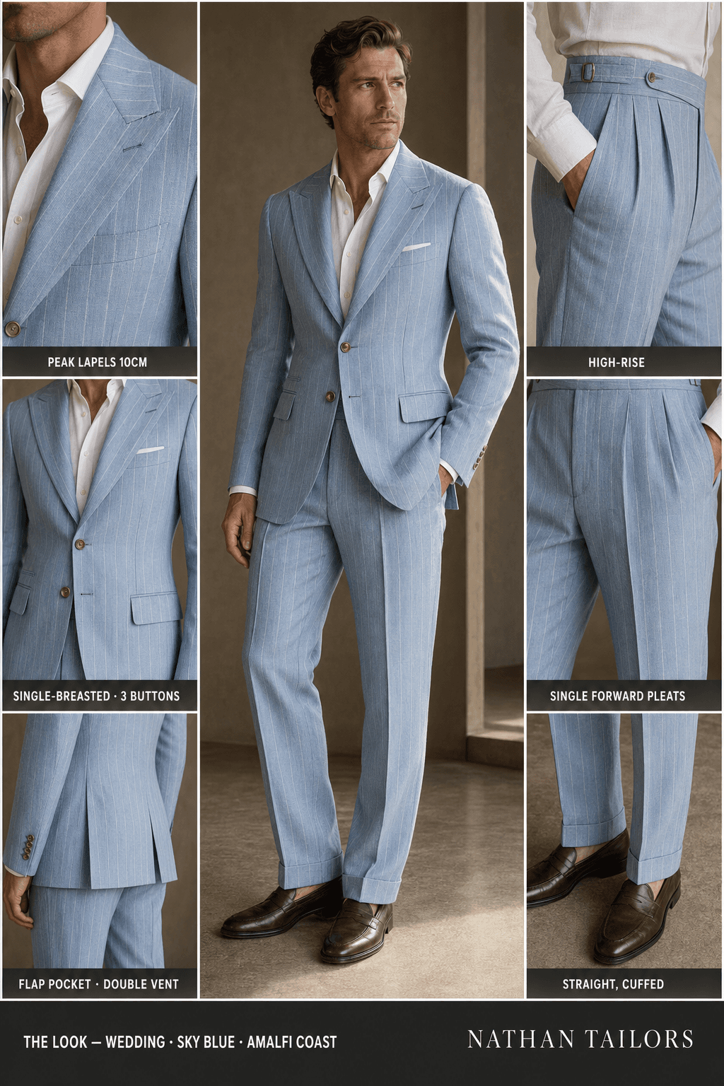 sky blue chalk stripe single-breasted peak-lapel bespoke suit — AI-rendered by Nathan Tailors, the Hoi An custom tailor. Available as a custom tailored suit from $129.