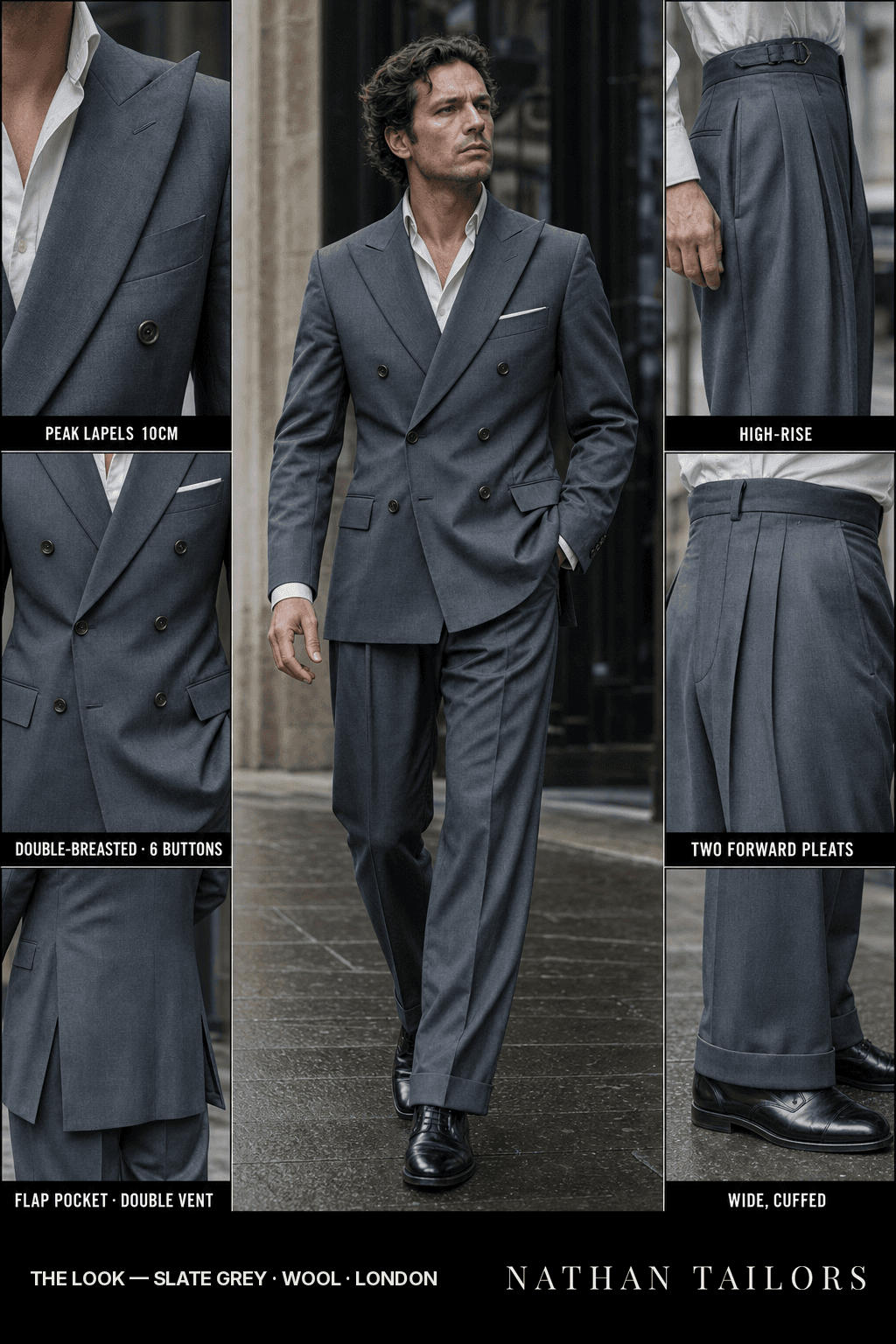 slate grey double-breasted peak-lapel bespoke suit — AI-rendered by Nathan Tailors, the Hoi An custom tailor. Available as a custom tailored suit from $149.