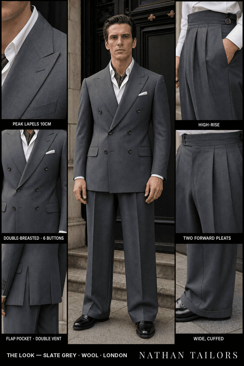 slate grey double-breasted peak-lapel bespoke suit — AI-rendered by Nathan Tailors, the Hoi An custom tailor. Available as a custom tailored suit from $149.