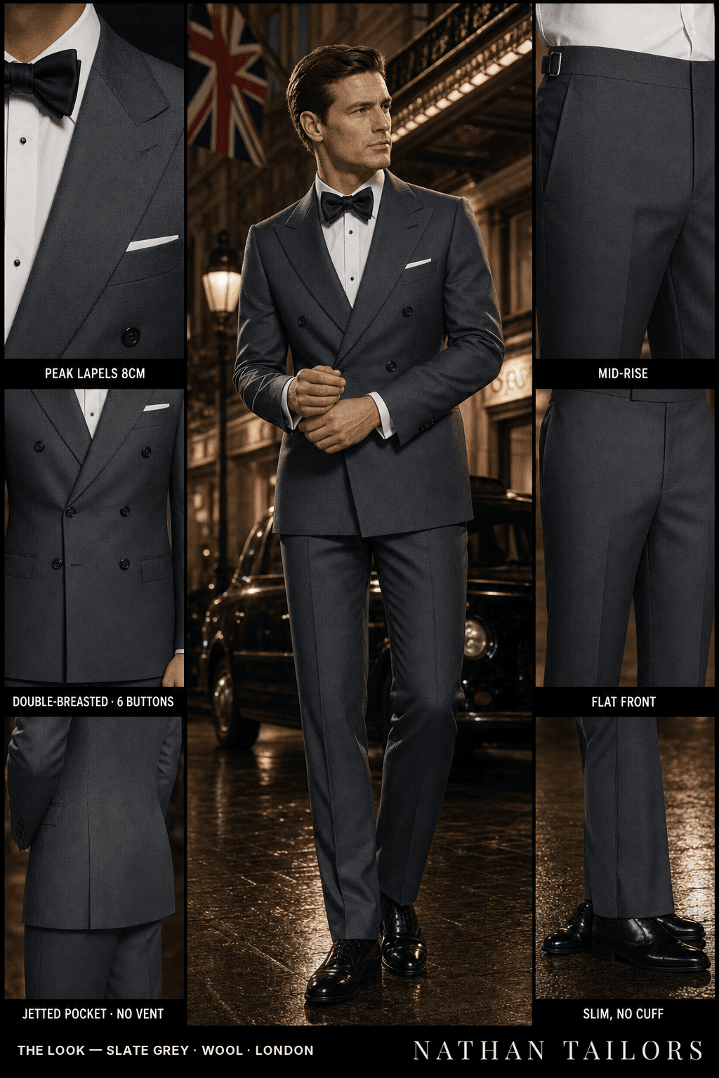 slate grey double-breasted bespoke suit — custom tailored by Nathan Tailors, the Hoi An custom tailor