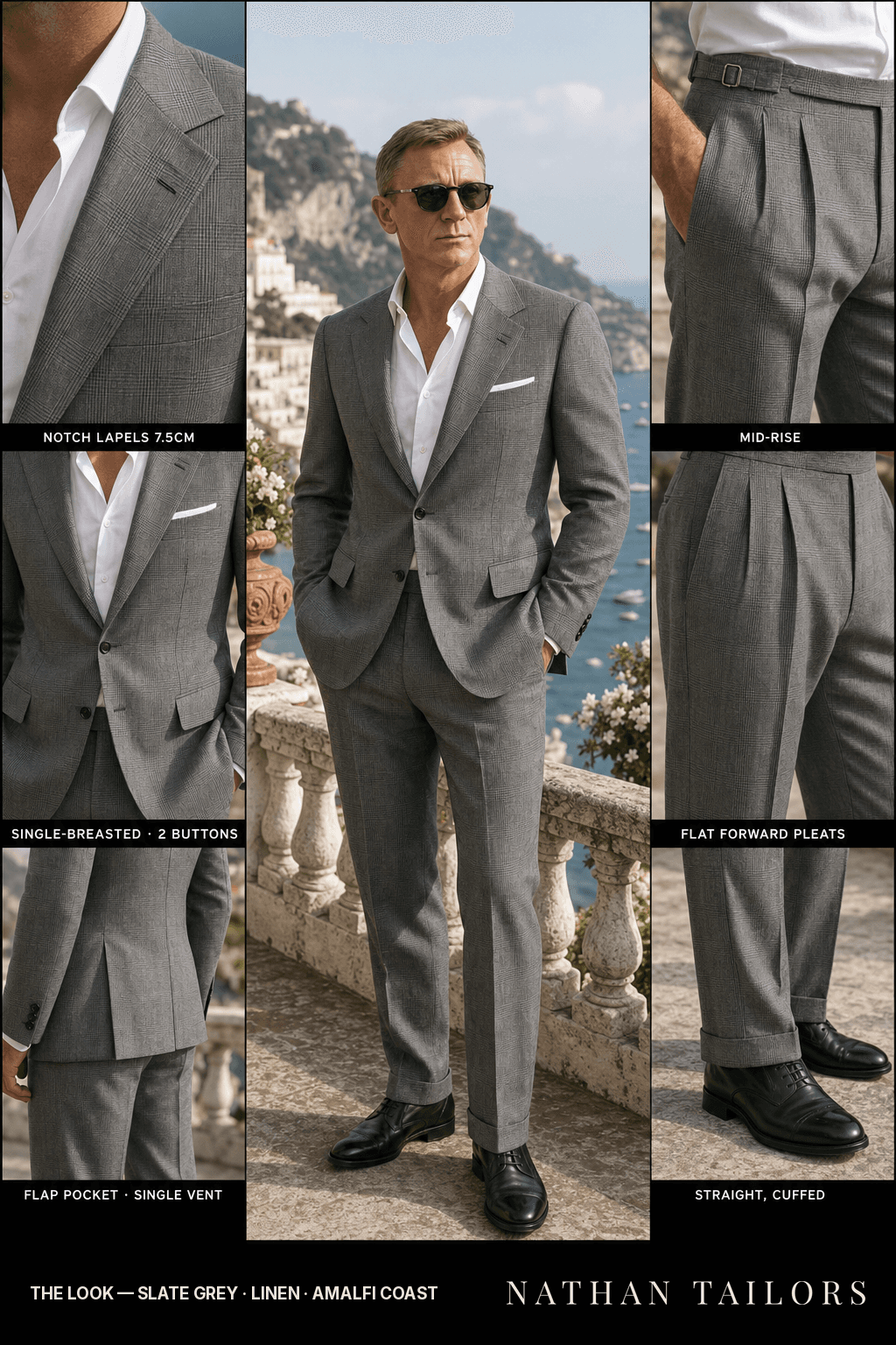 slate grey glen plaid single-breasted notch-lapel bespoke suit — AI-rendered by Nathan Tailors, the Hoi An custom tailor. Available as a custom tailored suit from $149.