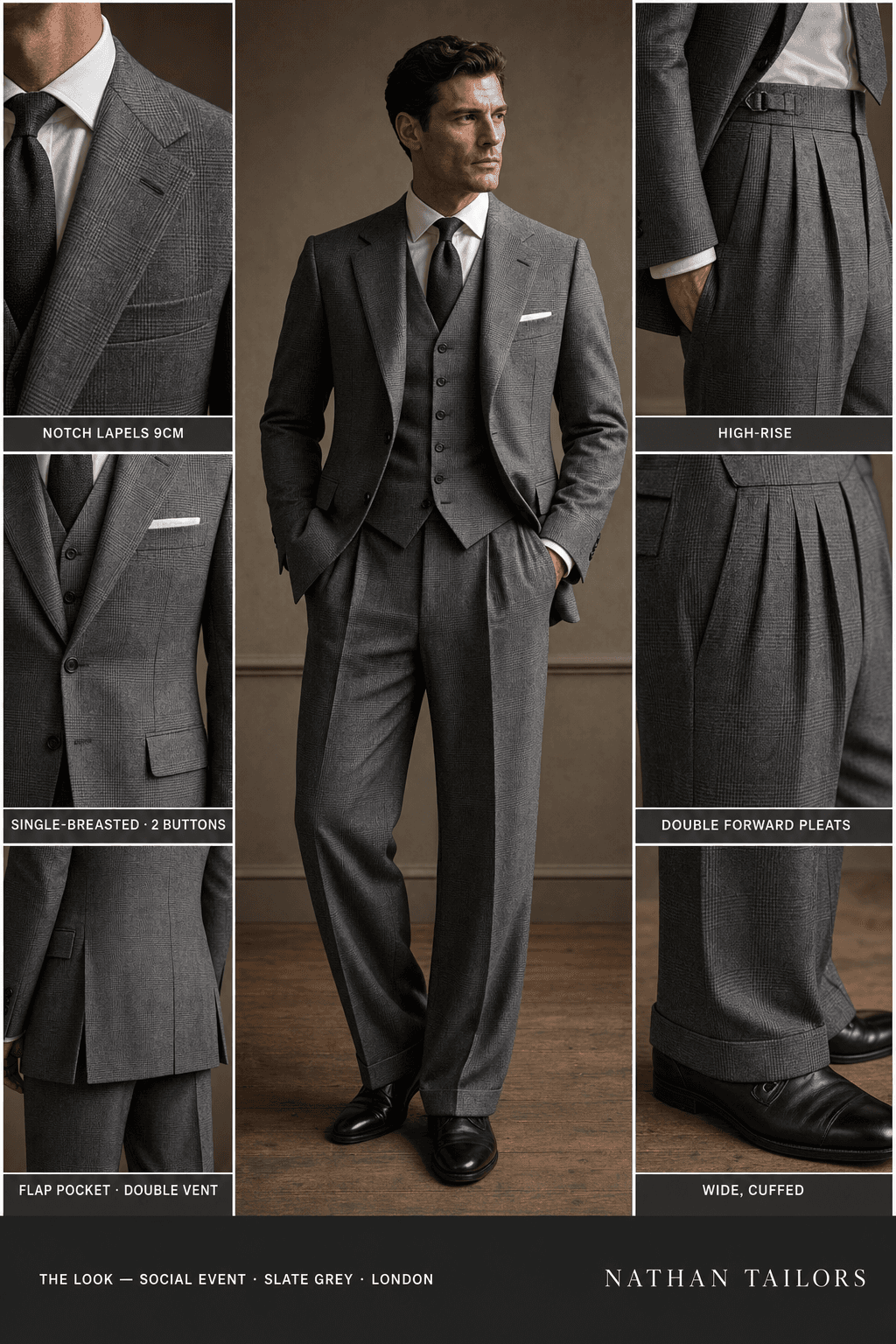 slate grey glen plaid single-breasted notch-lapel bespoke suit — AI-rendered by Nathan Tailors, the Hoi An custom tailor. Available as a custom tailored suit from $129.