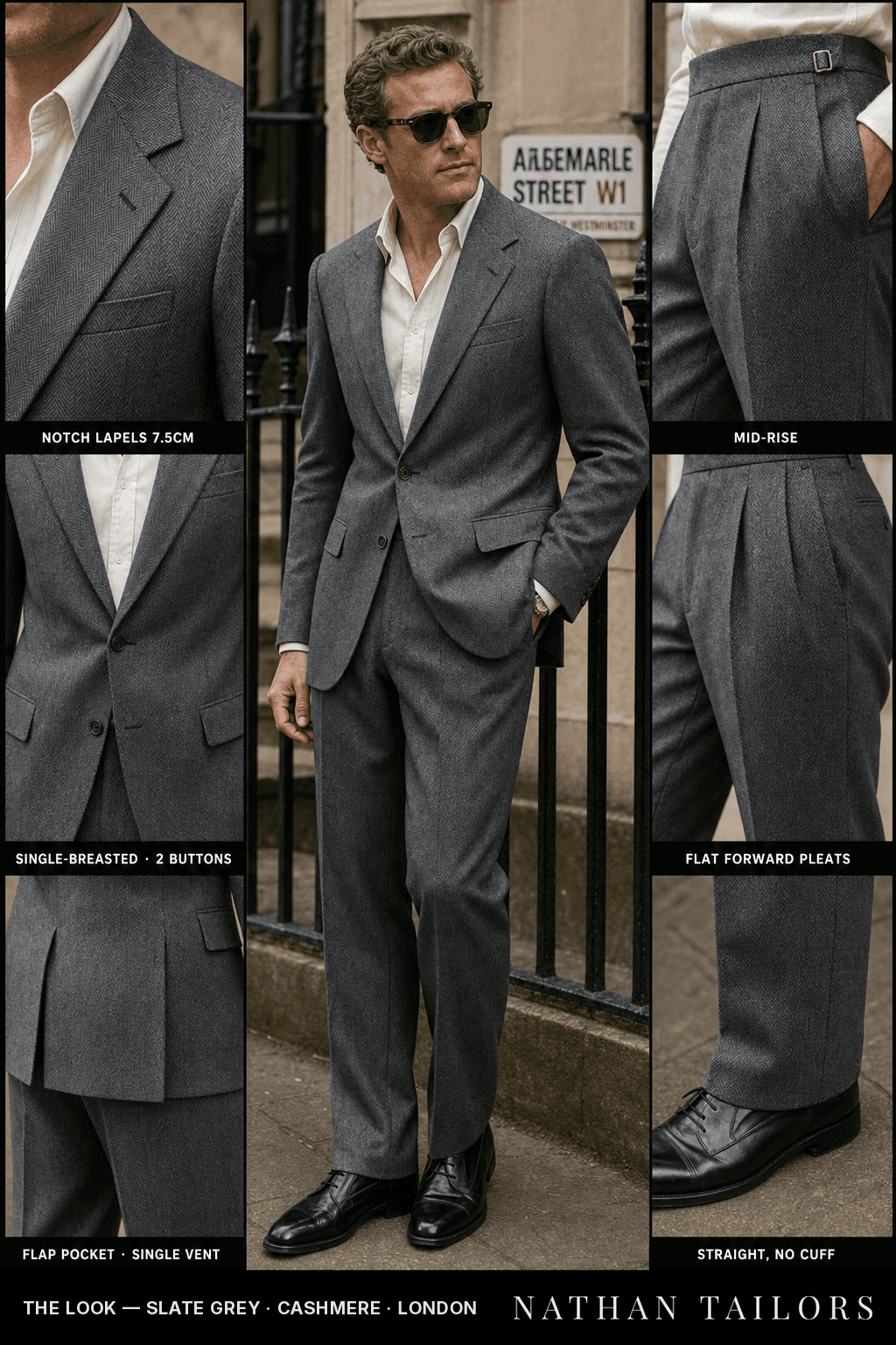 slate grey herringbone single-breasted bespoke suit — custom tailored by Nathan Tailors, the Hoi An custom tailor