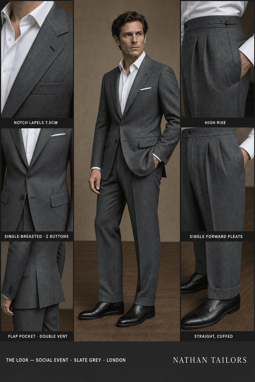 slate grey herringbone single-breasted notch-lapel bespoke suit — AI-rendered by Nathan Tailors, the Hoi An custom tailor. Available as a custom tailored suit from $129.