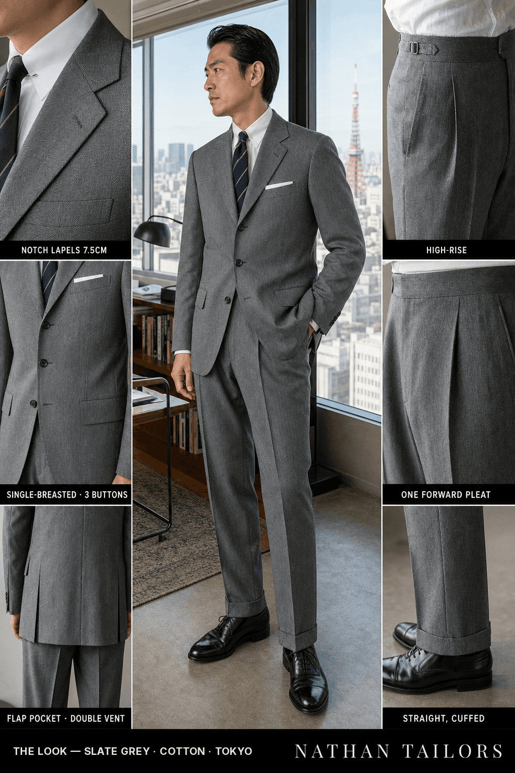 slate grey herringbone single-breasted bespoke suit — custom tailored by Nathan Tailors, the Hoi An custom tailor
