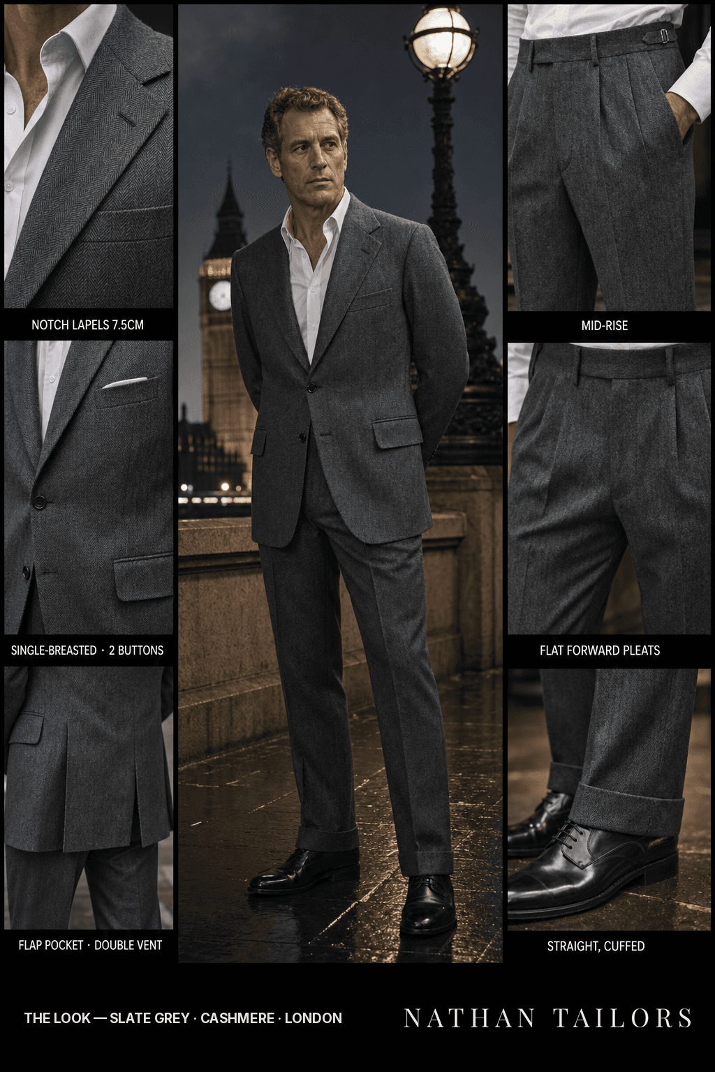 slate grey herringbone single-breasted bespoke suit — custom tailored by Nathan Tailors, the Hoi An custom tailor