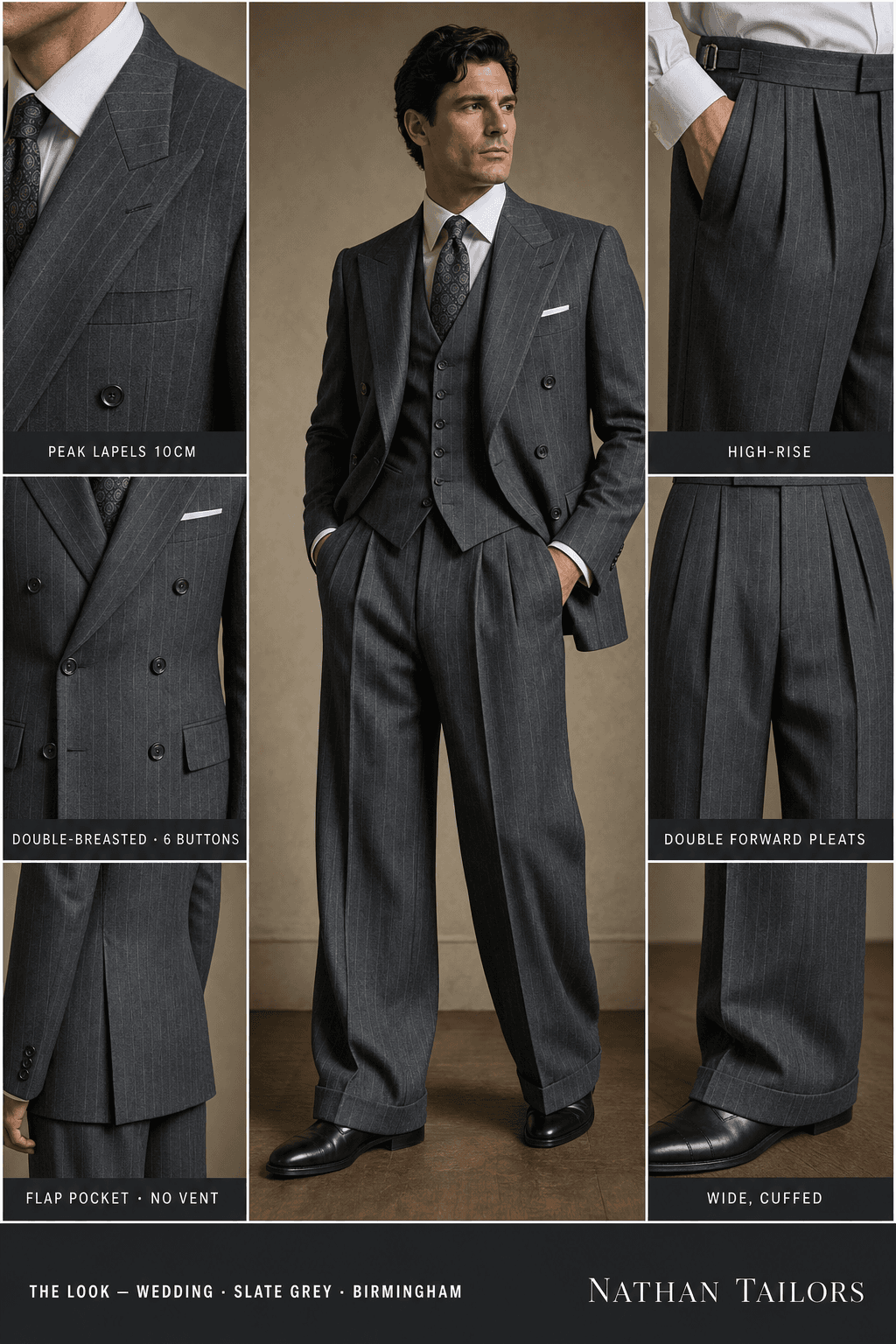 slate grey pinstripe double-breasted peak-lapel bespoke suit — AI-rendered by Nathan Tailors, the Hoi An custom tailor. Available as a custom tailored suit from $129.