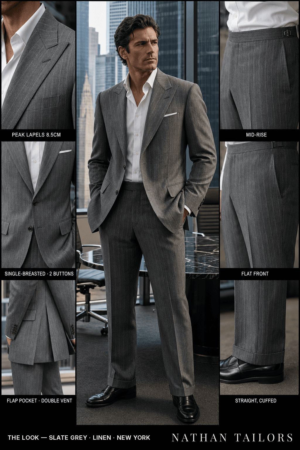 slate grey pinstripe single-breasted peak-lapel bespoke suit — AI-rendered by Nathan Tailors, the Hoi An custom tailor. Available as a custom tailored suit from $149.