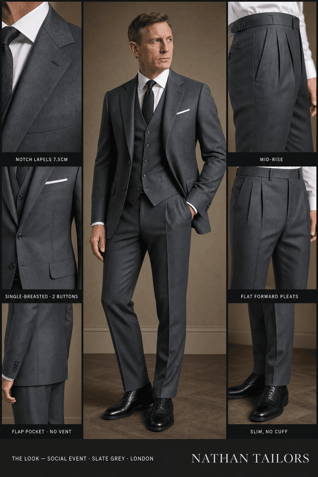 slate grey single-breasted bespoke suit — custom tailored by Nathan Tailors, the Hoi An custom tailor