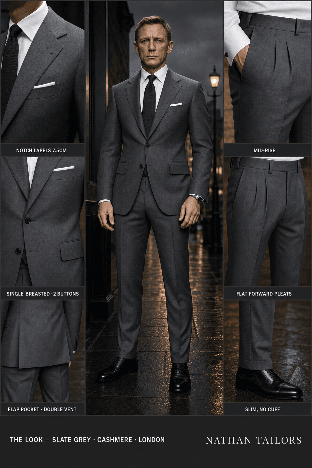 slate grey single-breasted notch-lapel bespoke suit — AI-rendered by Nathan Tailors, the Hoi An custom tailor. Available as a custom tailored suit from $149.