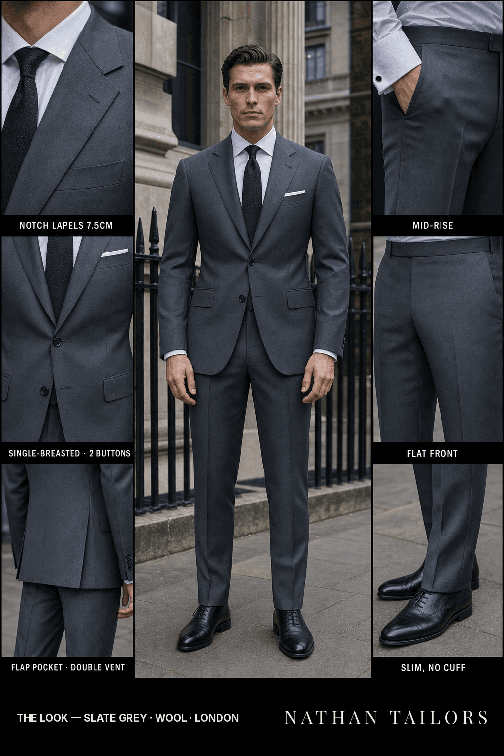 slate grey single-breasted notch-lapel bespoke suit — AI-rendered by Nathan Tailors, the Hoi An custom tailor. Available as a custom tailored suit from $149.