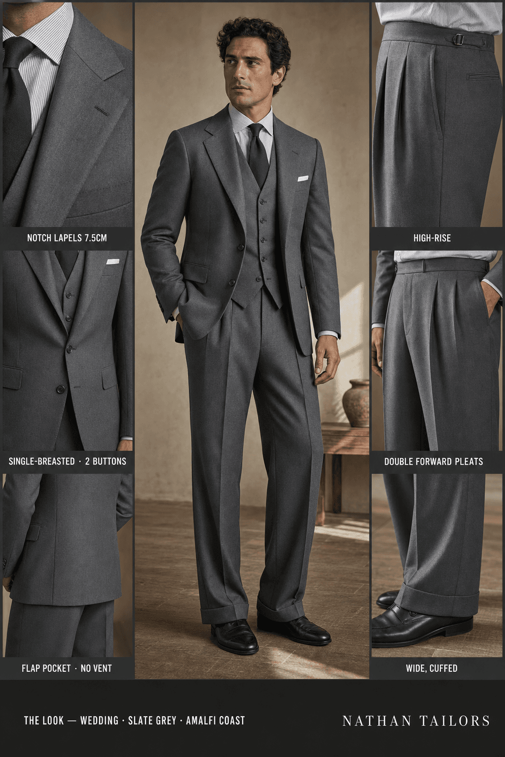 slate grey single-breasted notch-lapel bespoke suit — AI-rendered by Nathan Tailors, the Hoi An custom tailor. Available as a custom tailored suit from $129.