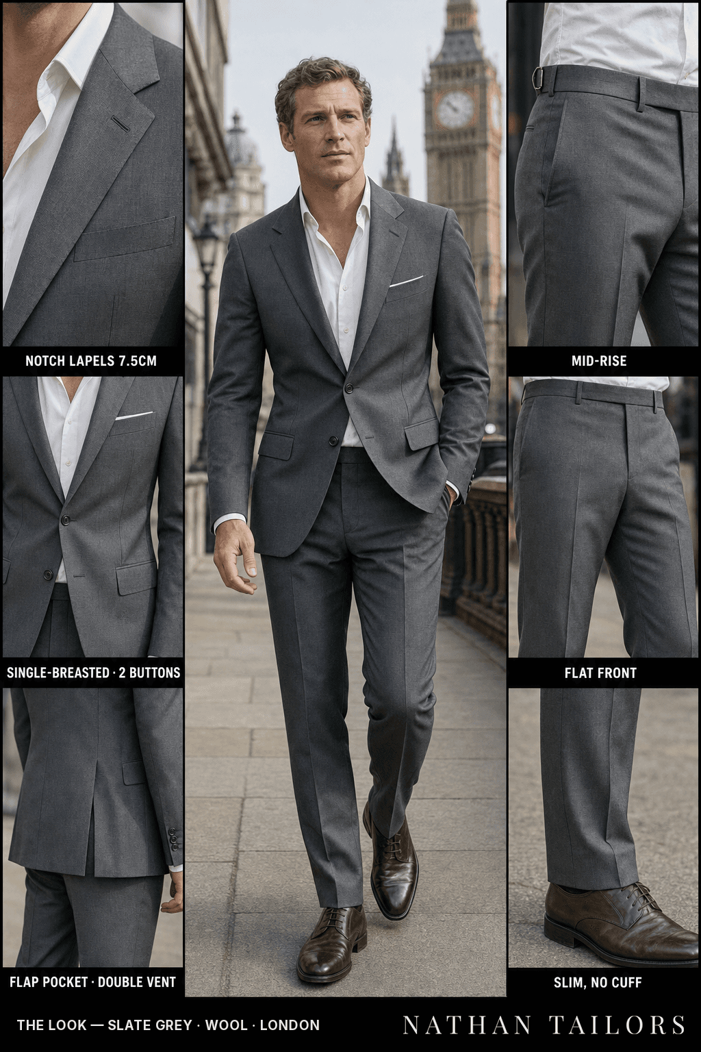 slate grey single-breasted bespoke suit — custom tailored by Nathan Tailors, the Hoi An custom tailor