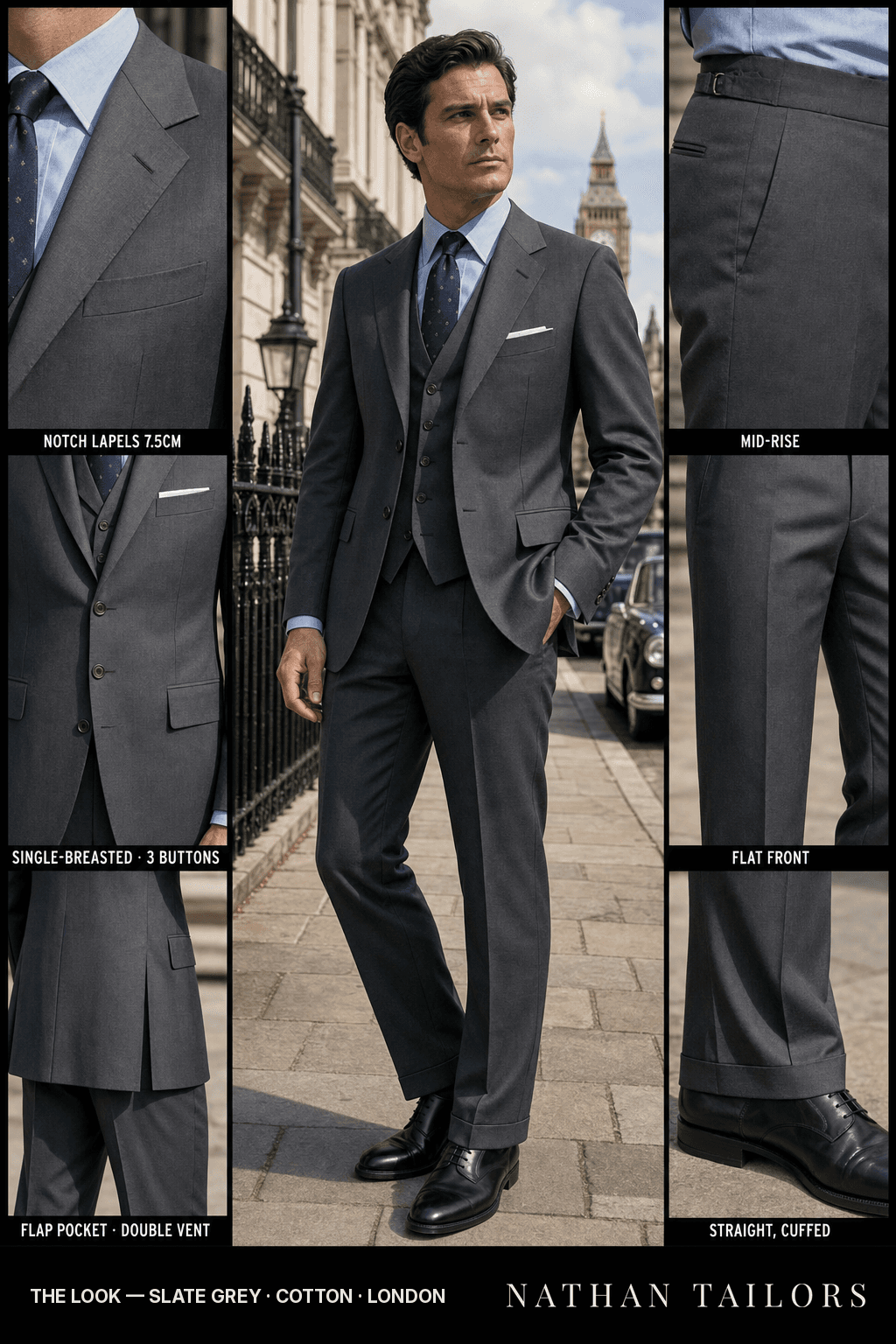 slate grey single-breasted bespoke suit — custom tailored by Nathan Tailors, the Hoi An custom tailor