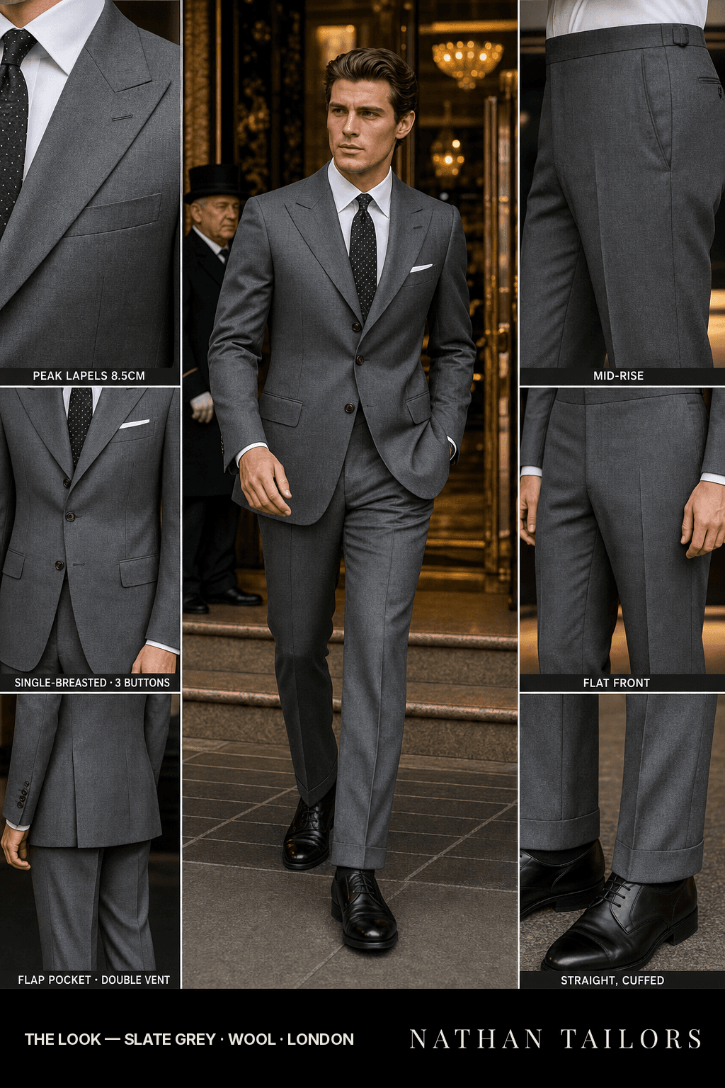 slate grey single-breasted peak-lapel bespoke suit — AI-rendered by Nathan Tailors, the Hoi An custom tailor. Available as a custom tailored suit from $149.