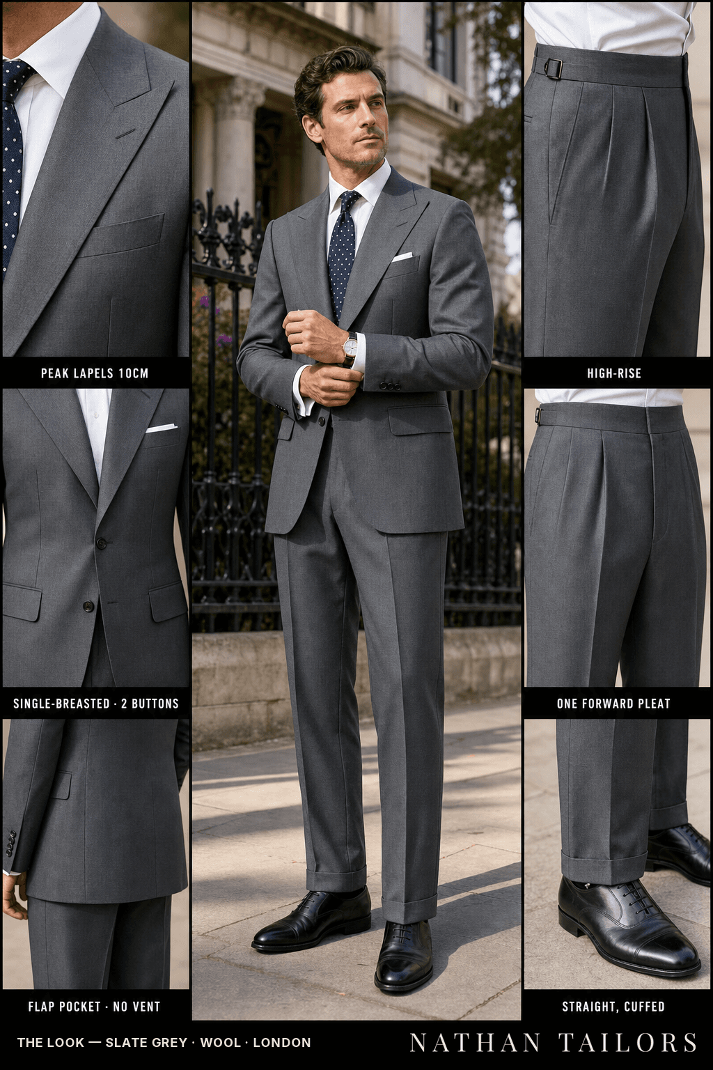 slate grey single-breasted peak-lapel bespoke suit — AI-rendered by Nathan Tailors, the Hoi An custom tailor. Available as a custom tailored suit from $149.