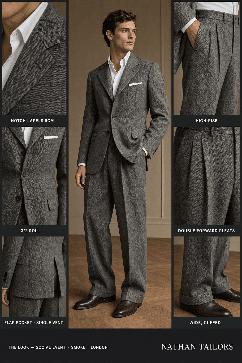 smoke herringbone single-breasted bespoke suit — custom tailored by Nathan Tailors, the Hoi An custom tailor