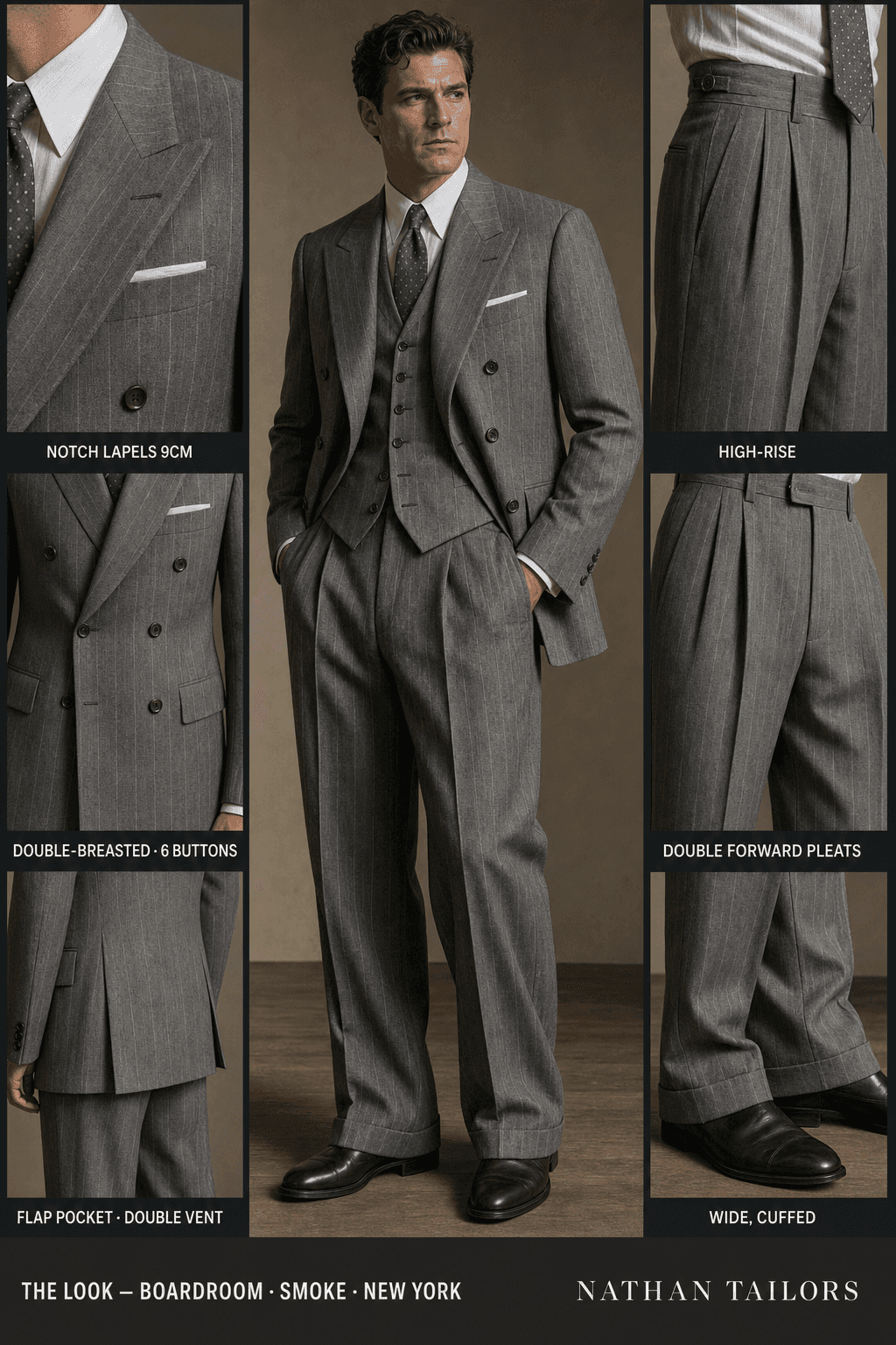 smoke pinstripe double-breasted notch-lapel bespoke suit — AI-rendered by Nathan Tailors, the Hoi An custom tailor. Available as a custom tailored suit from $129.