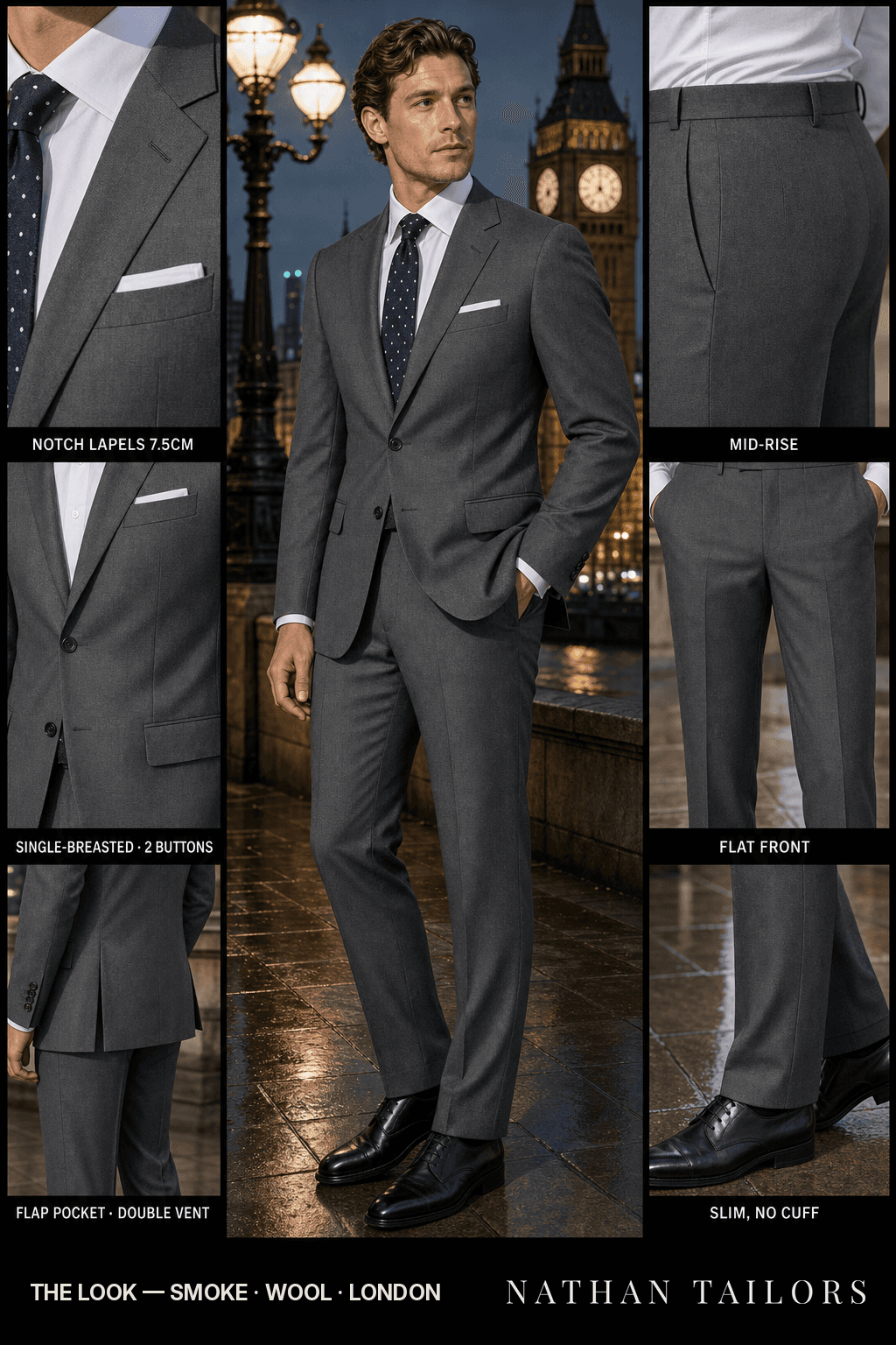 smoke single-breasted bespoke suit — custom tailored by Nathan Tailors, the Hoi An custom tailor