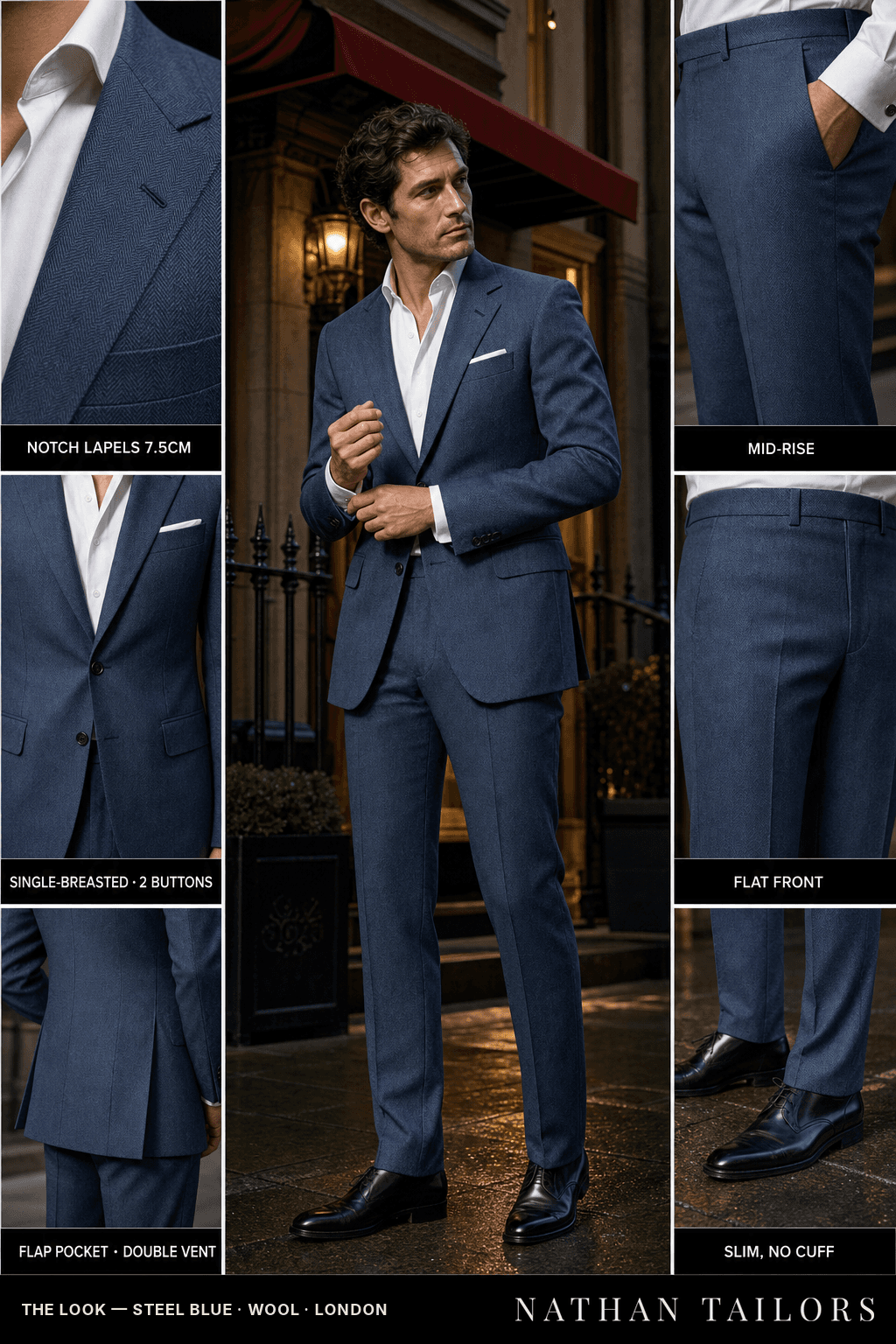 steel blue herringbone single-breasted bespoke suit — custom tailored by Nathan Tailors, the Hoi An custom tailor
