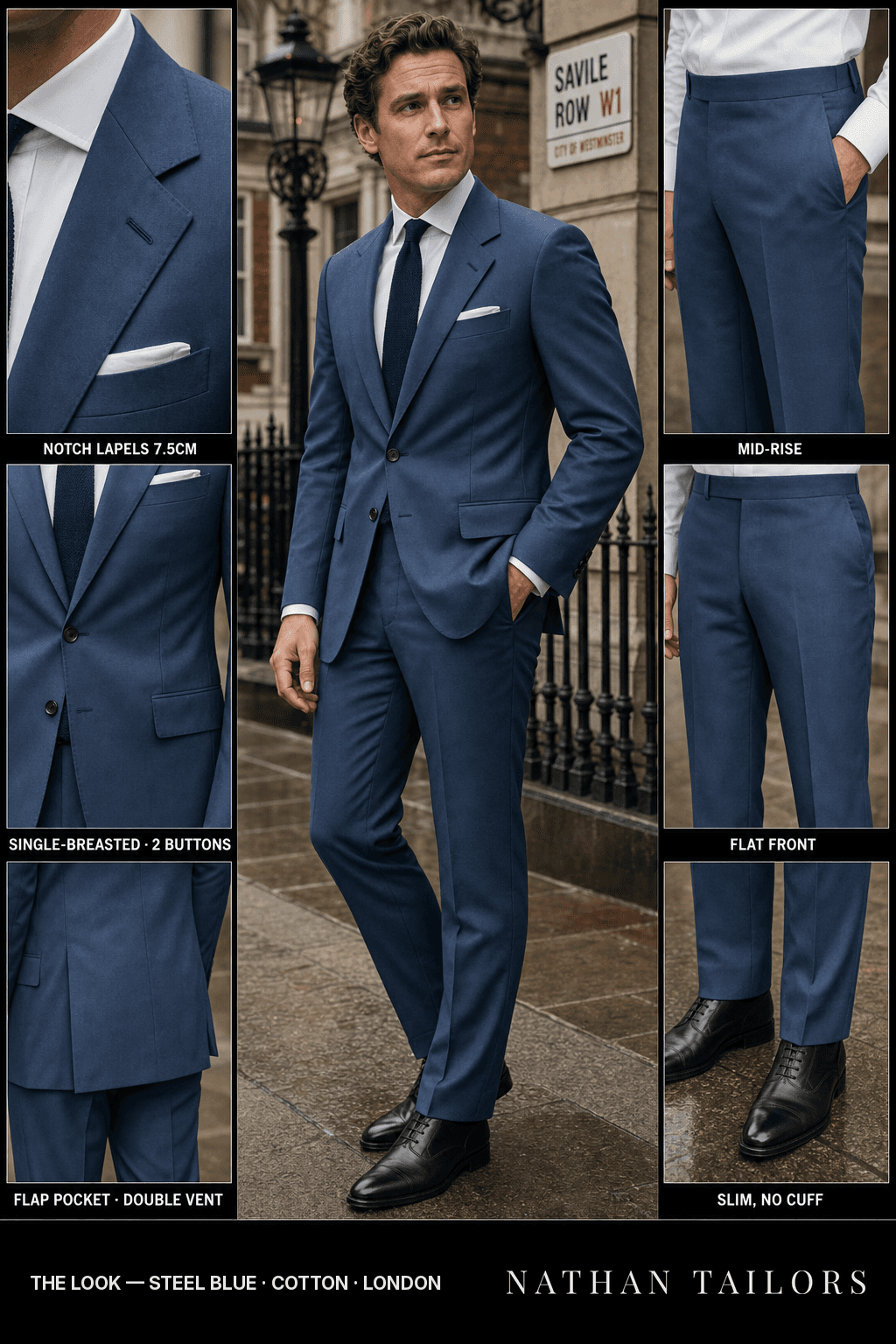 steel blue single-breasted bespoke suit — custom tailored by Nathan Tailors, the Hoi An custom tailor
