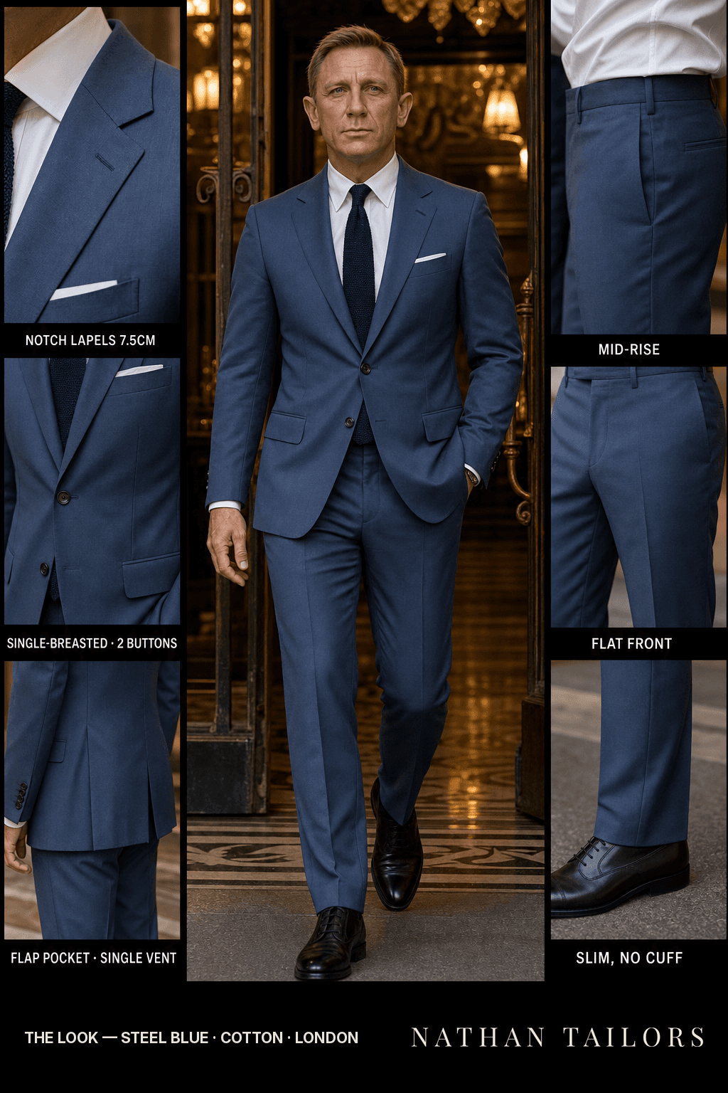 steel blue single-breasted bespoke suit — custom tailored by Nathan Tailors, the Hoi An custom tailor