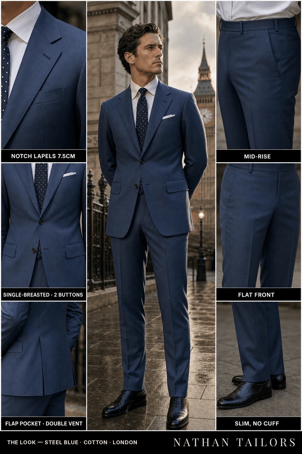 steel blue single-breasted bespoke suit — custom tailored by Nathan Tailors, the Hoi An custom tailor