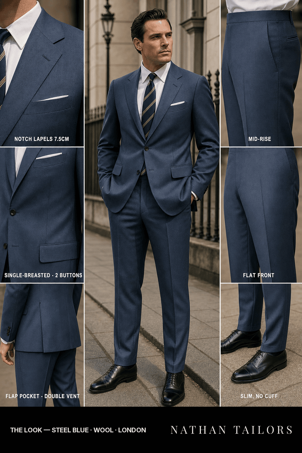 steel blue single-breasted bespoke suit — custom tailored by Nathan Tailors, the Hoi An custom tailor