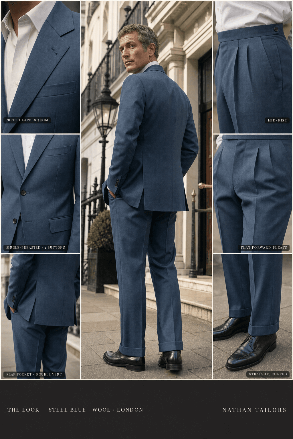 steel blue single-breasted notch-lapel bespoke suit — AI-rendered by Nathan Tailors, the Hoi An custom tailor. Available as a custom tailored suit from $149.