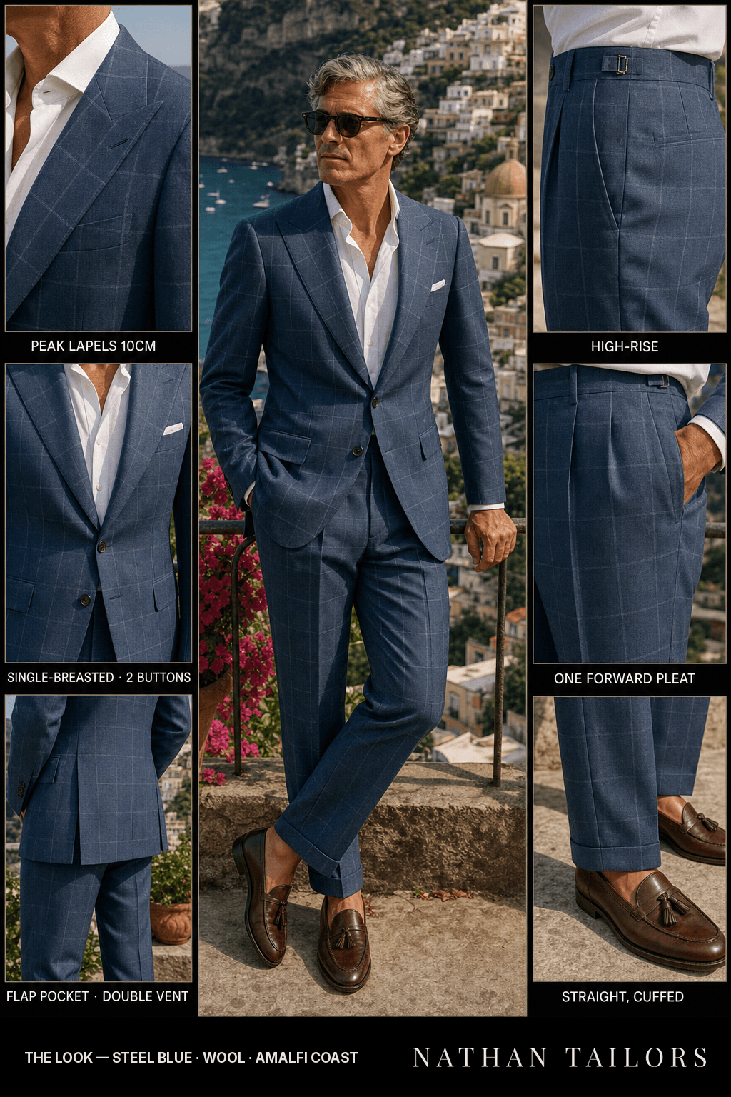 steel blue windowpane single-breasted bespoke suit — custom tailored by Nathan Tailors, the Hoi An custom tailor