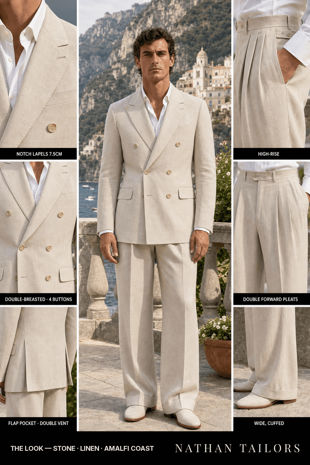 stone double-breasted notch-lapel bespoke suit — AI-rendered by Nathan Tailors, the Hoi An custom tailor. Available as a custom tailored suit from $149.