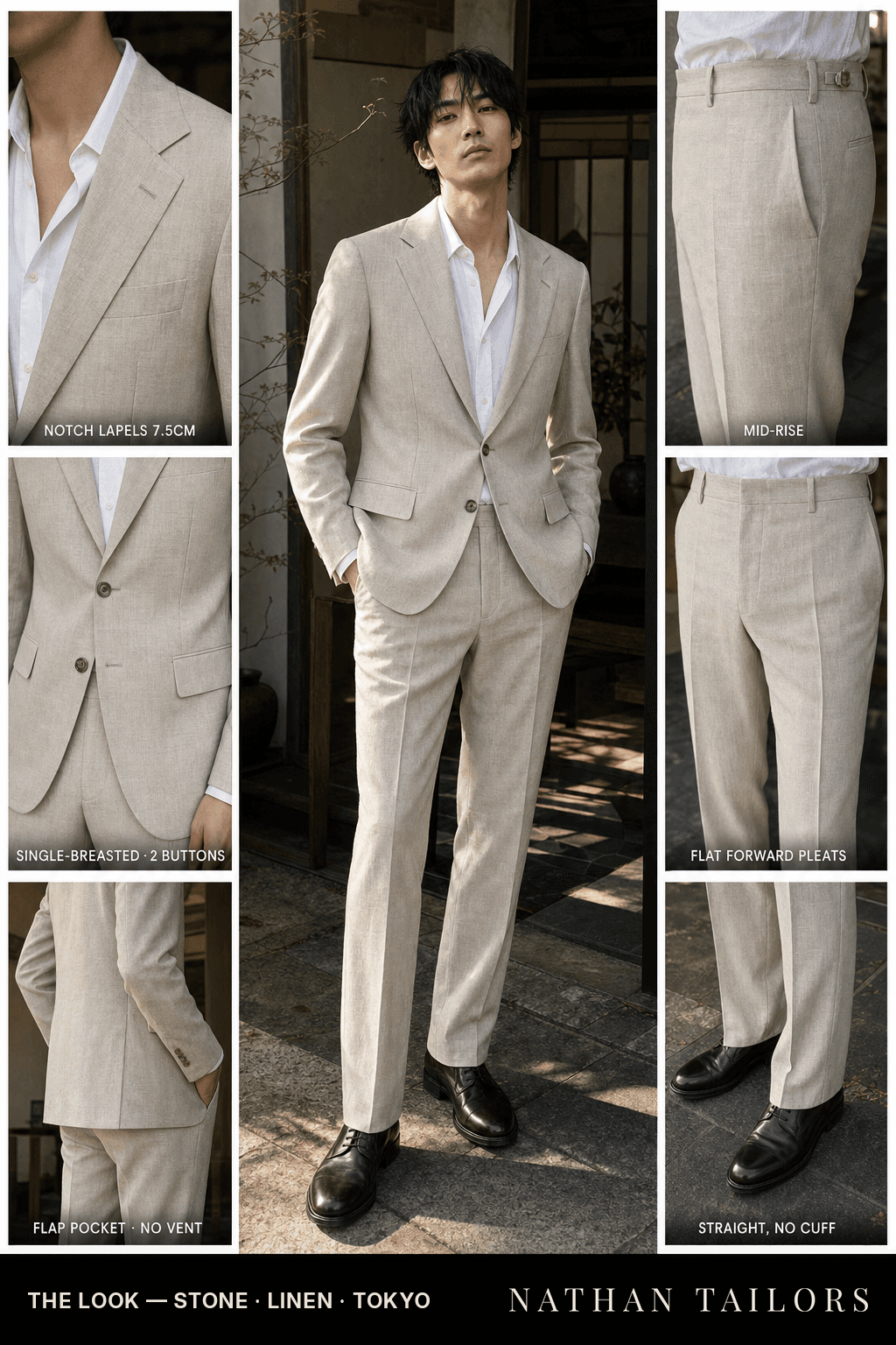 stone single-breasted notch-lapel bespoke suit — AI-rendered by Nathan Tailors, the Hoi An custom tailor. Available as a custom tailored suit from $149.