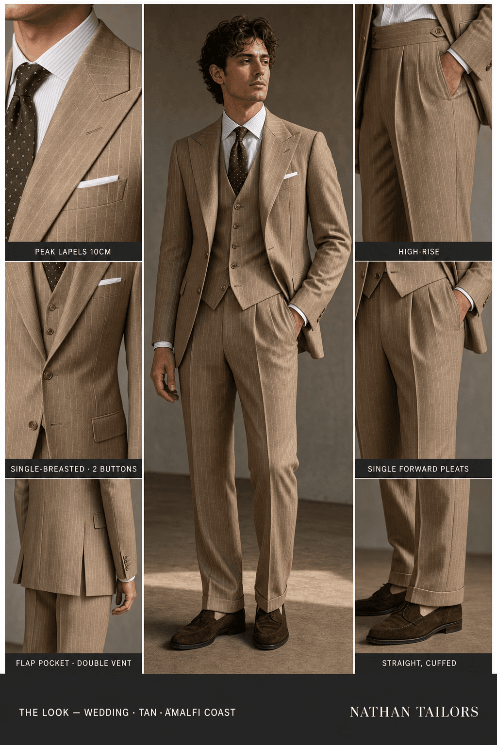 tan pinstripe single-breasted bespoke suit — custom tailored by Nathan Tailors, the Hoi An custom tailor