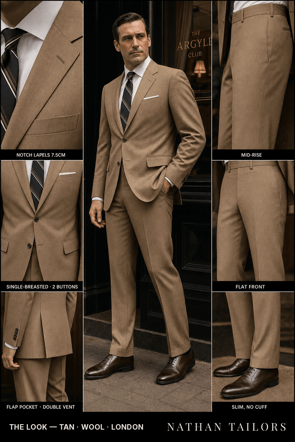 tan single-breasted bespoke suit — custom tailored by Nathan Tailors, the Hoi An custom tailor