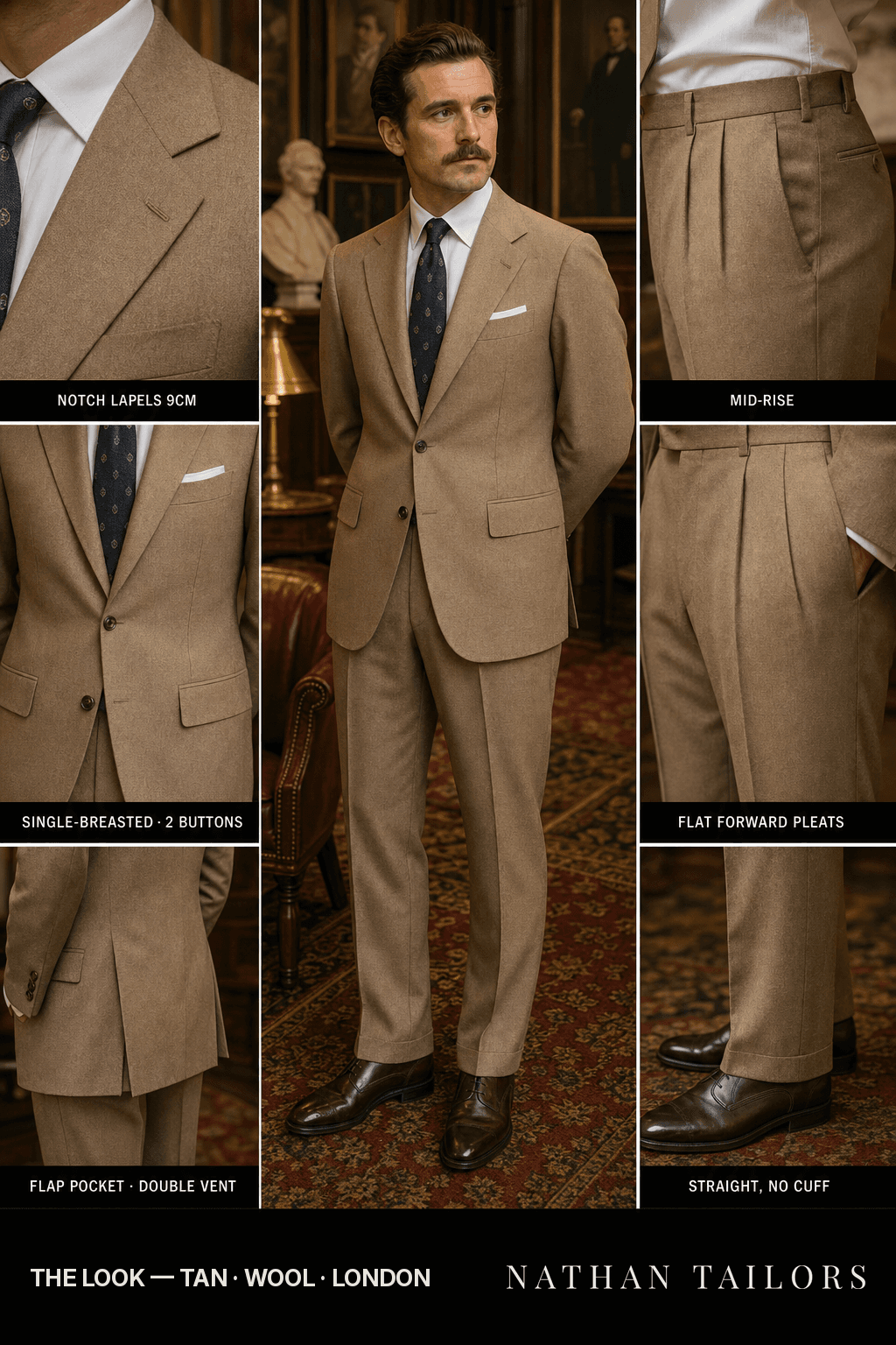 tan single-breasted bespoke suit — custom tailored by Nathan Tailors, the Hoi An custom tailor