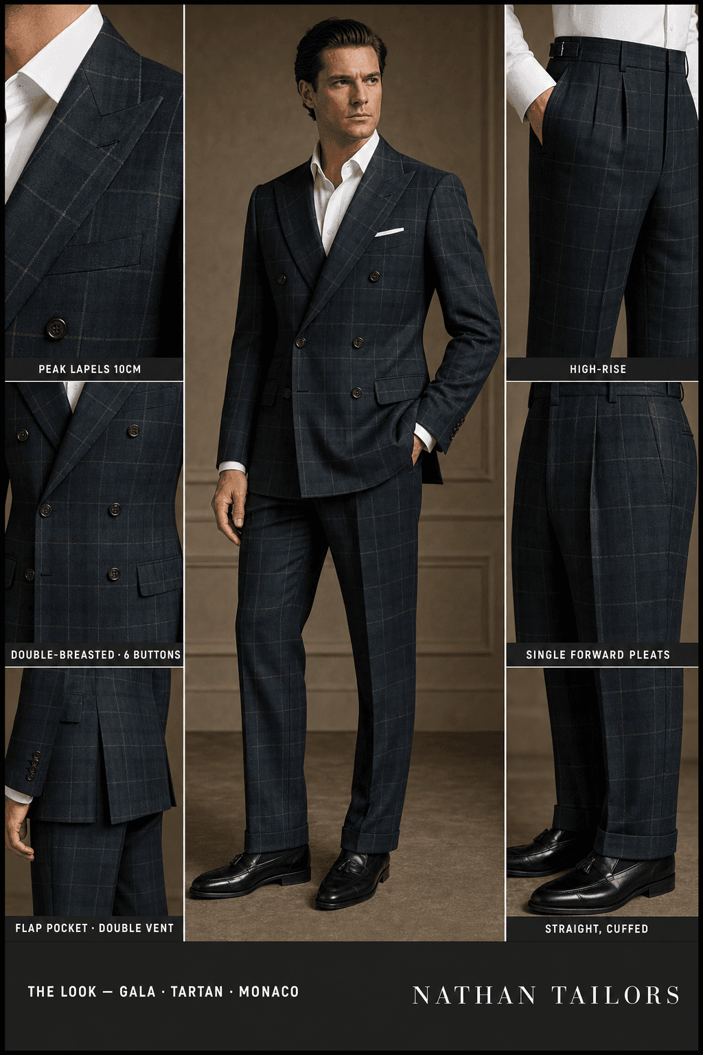 Tartan windowpane double-breasted bespoke suit — custom tailored by Nathan Tailors, the Hoi An custom tailor