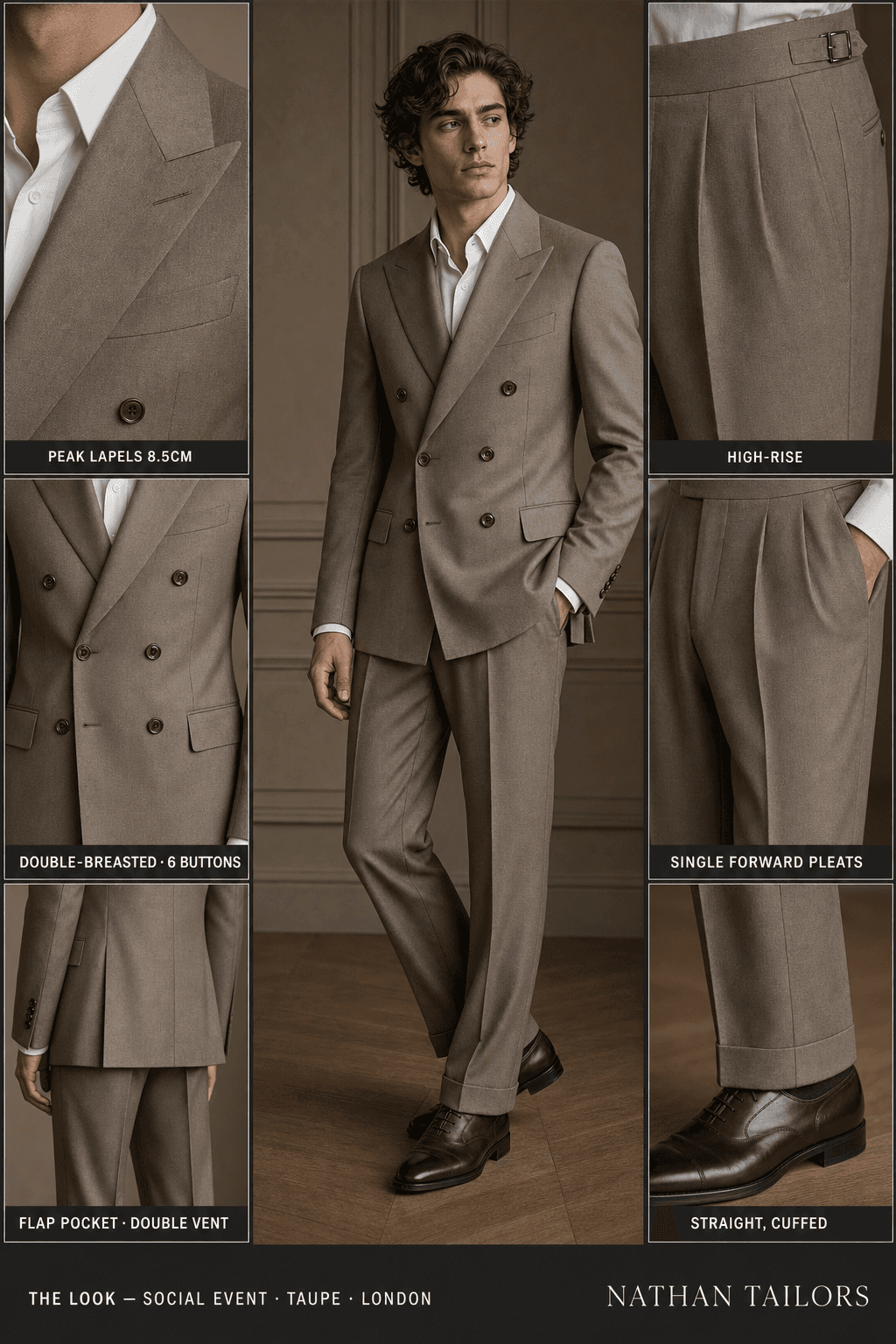 taupe double-breasted peak-lapel bespoke suit — AI-rendered by Nathan Tailors, the Hoi An custom tailor. Available as a custom tailored suit from $129.