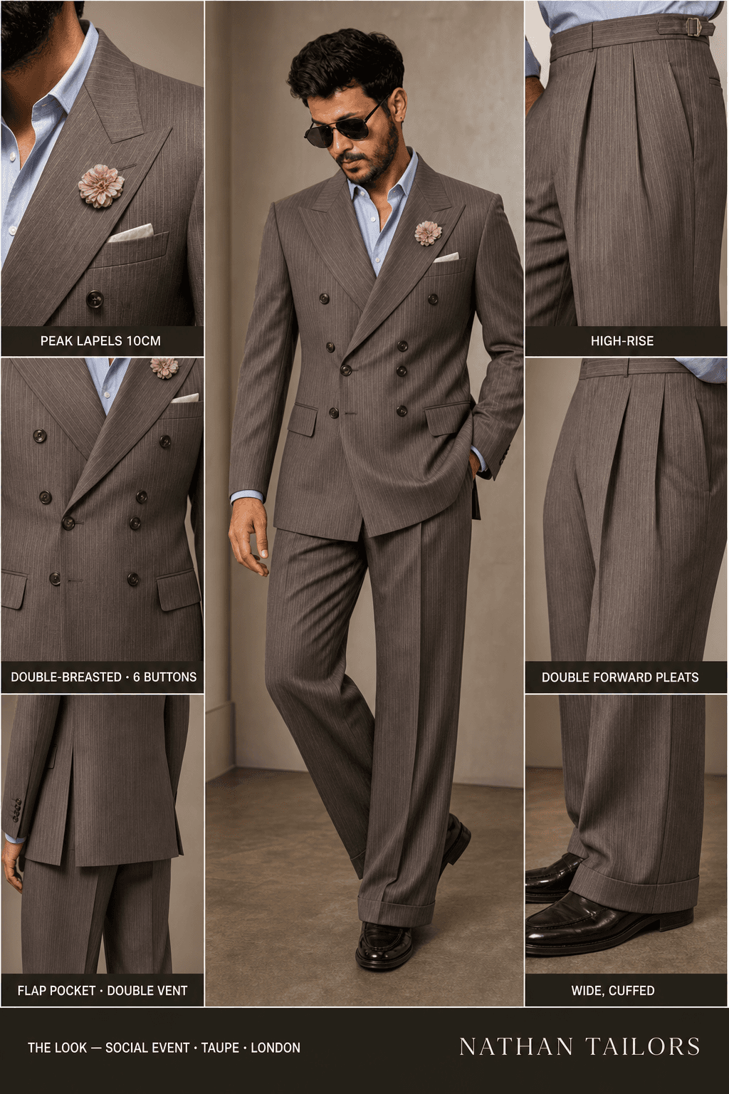 taupe pinstripe double-breasted bespoke suit — custom tailored by Nathan Tailors, the Hoi An custom tailor
