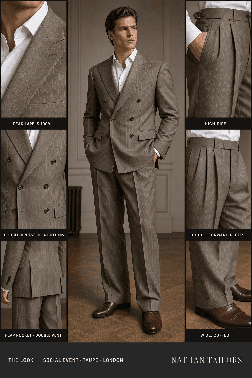 taupe pinstripe double-breasted bespoke suit — custom tailored by Nathan Tailors, the Hoi An custom tailor