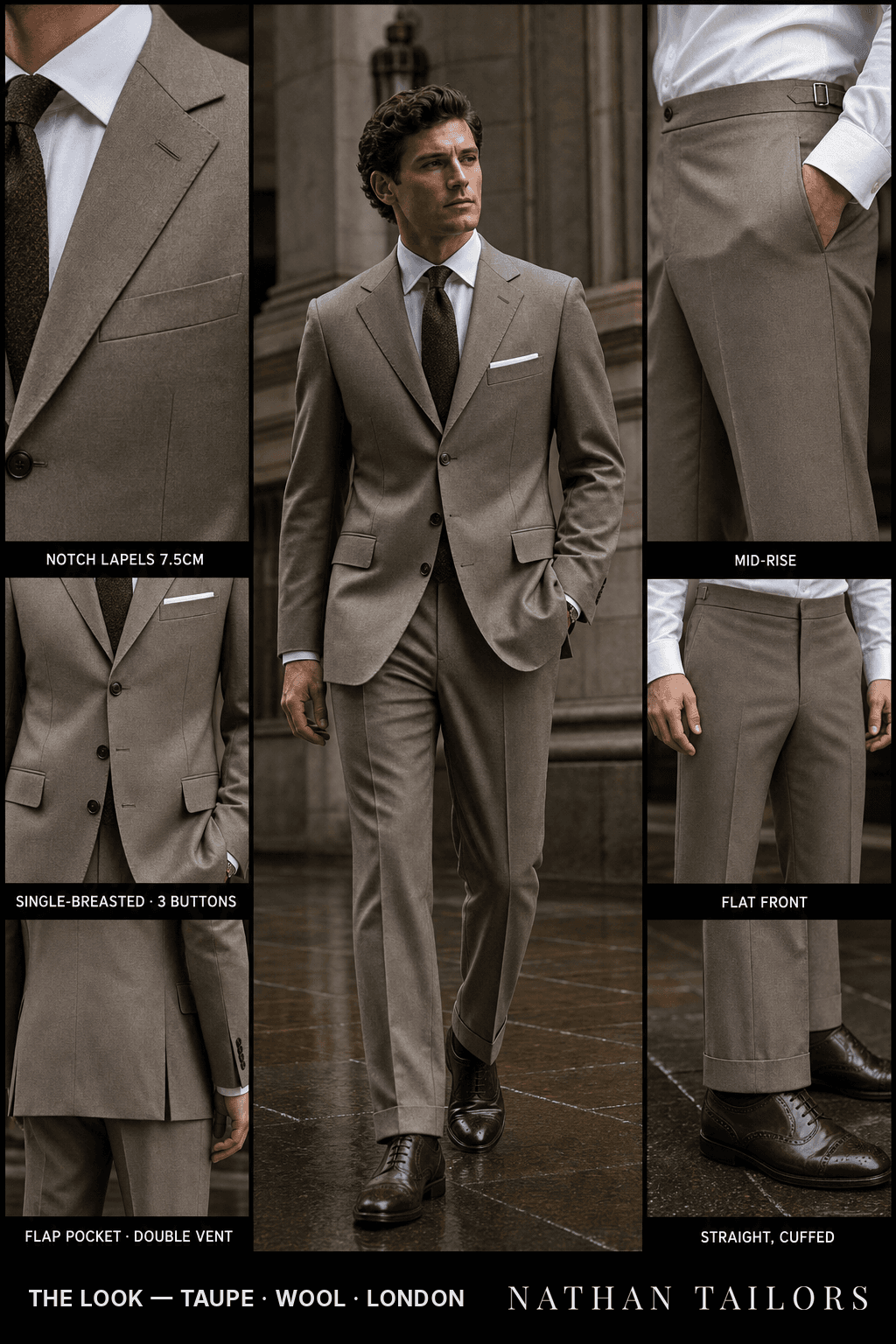 taupe single-breasted bespoke suit — custom tailored by Nathan Tailors, the Hoi An custom tailor